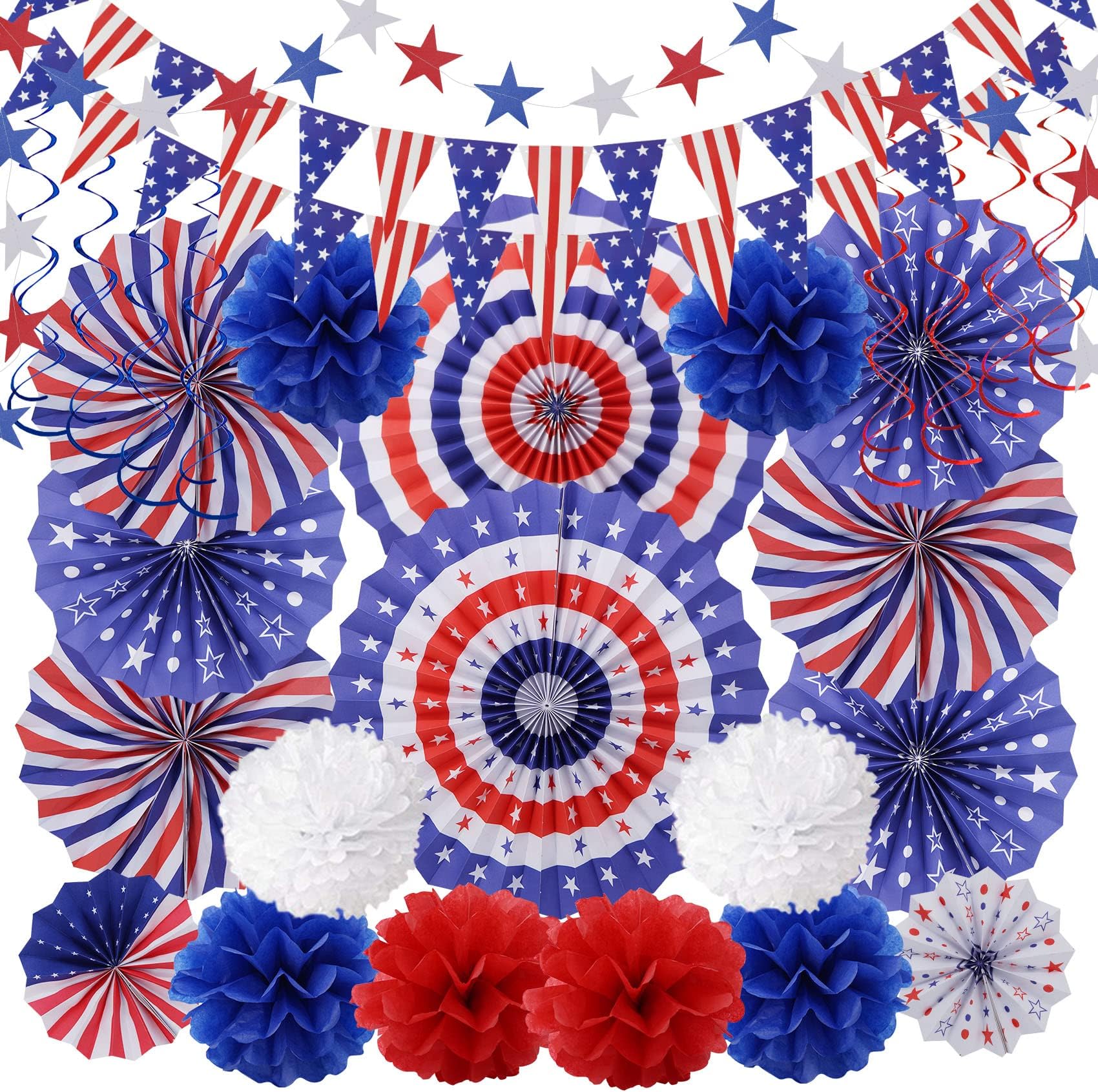Huryfox33PCS 4th of July Decorations Independence Day Decoration - USA Patriotic Theme Party Decor with Paper Fan American Flags Banner Tissue Pom Pom and Streamers