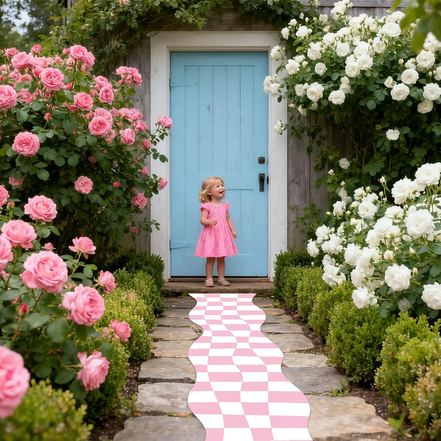 Wonderland Party Decoration Pink and White Checkered Aisle Runner 118 x 24 Inches Wonderland Checkerboard Rug Carpet for Fairytale Theme Birthday Baby Shower Tea Party Table Cover Supplies