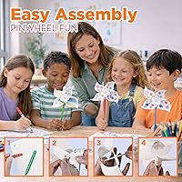 Vista 5 de 4E's Novelty Paquete de 24 molinetes de bricolaje para niños, kit de manualidades de molinete de verano a granel, colorea tu propio molino de viento
