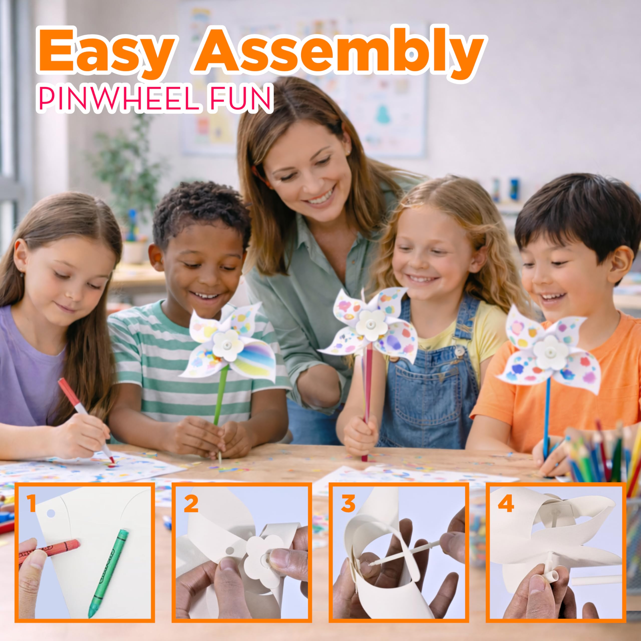 4E's Novelty 24 Pack DIY Pinwheels Craft for Kids, Bulk Summer Pinwheel Craft Kit, Color Your Own Paper Windmill for Pinwheels for Kids Bulk July 4 Craft for Kids Art Games