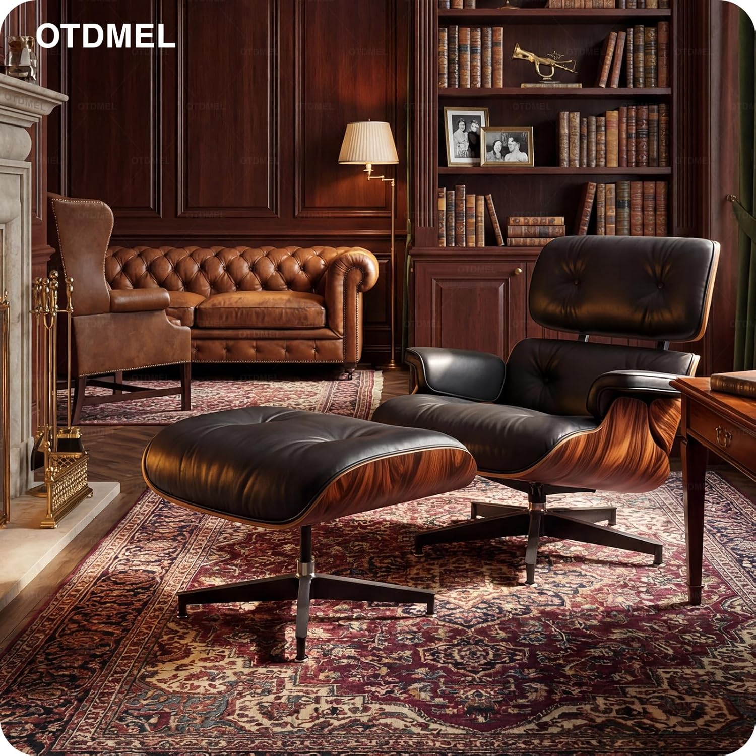 Top Black Grain Leather Mid Century Chaise Lounge Chair with Ottoman, Recliner Chaise Lounge, Premium Rosewood, Modern Accent Chair for Living Room Office