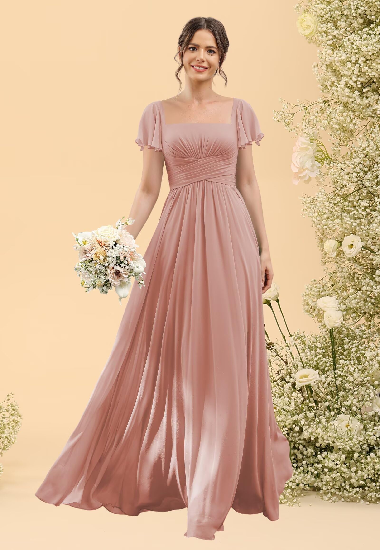 HUINI Chiffon Brautjungfernkleider mit kurzen Ärmeln A-Linie Langes formelles Abendkleid mit Taschen