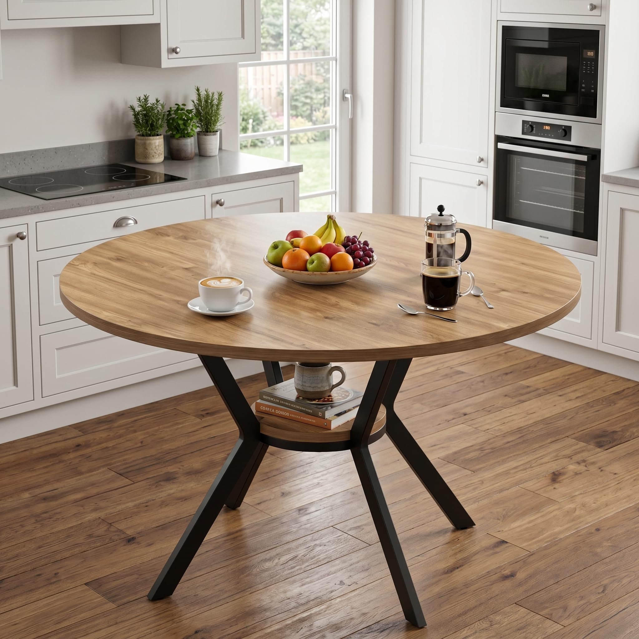 Mesa de comedor extensible con tablero de fibra de densidad media, mesa de comedor ovalada con patas de metal en forma de X, mesa de comedor redonda extensible con estante central para cocina