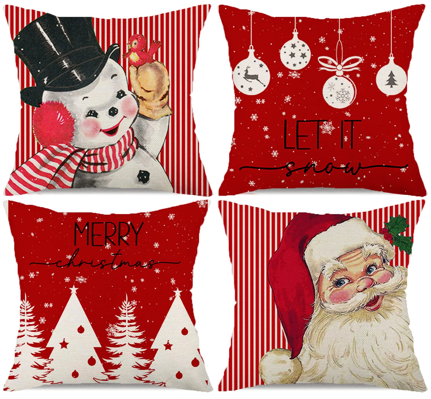 Christmas Decorations Pillow Covers 16x16 Set of 4 Red Stripes Santa Snowman Snowflake Merry Christmas Tree Let It Snow Hello Winter Holiday Pillows Decorative Throw Cushion Case for Sofa Couch