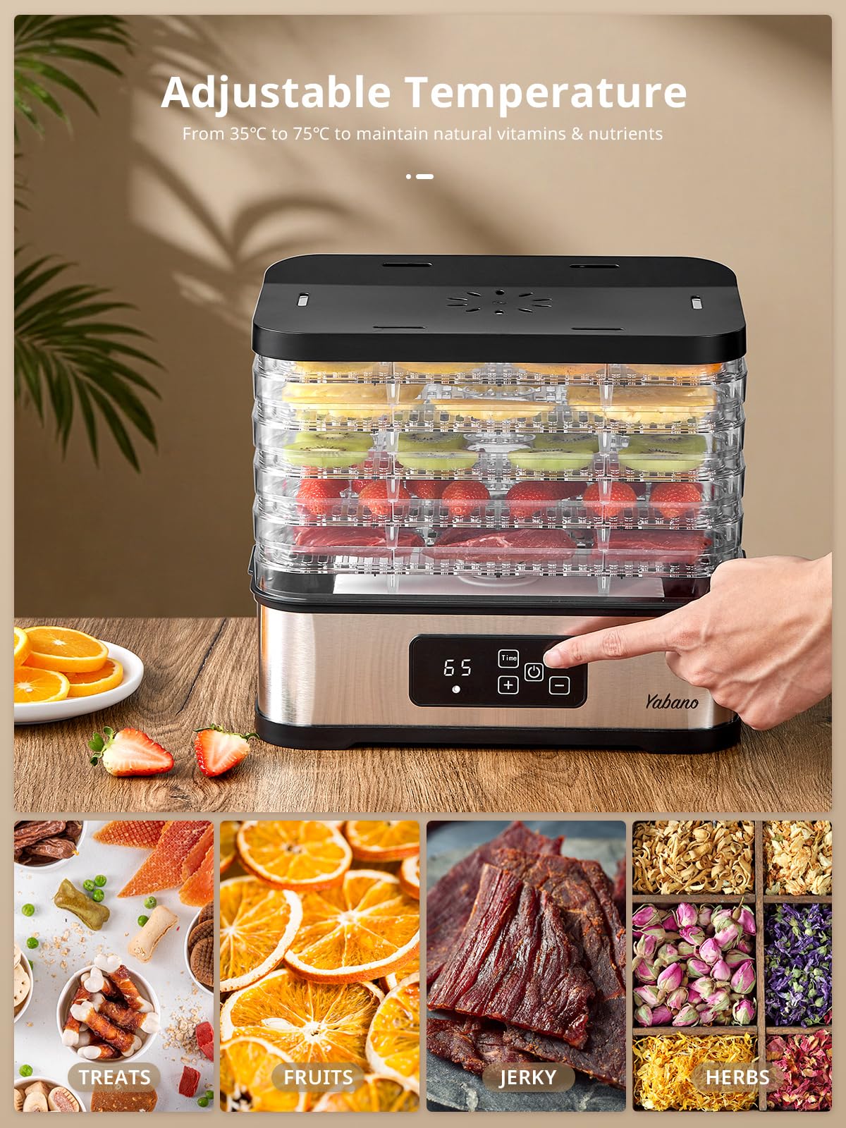 Essiccatore per alimenti con 5 vassoi, temperatura 35-70 °C e timer 72 ore, timer digitale, senza BPA, per snack sani, frutta, carne e cibo per animali domestici