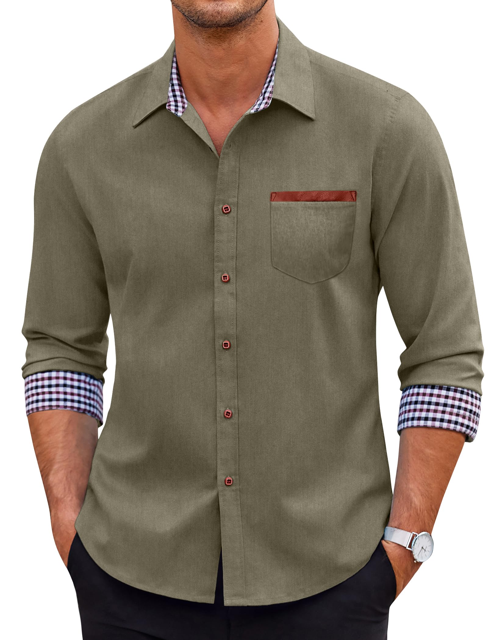Men's Long Sleeve Casual Button Down Shirts Untucked Shirts Plaid Collar Vintage Denim Shirt