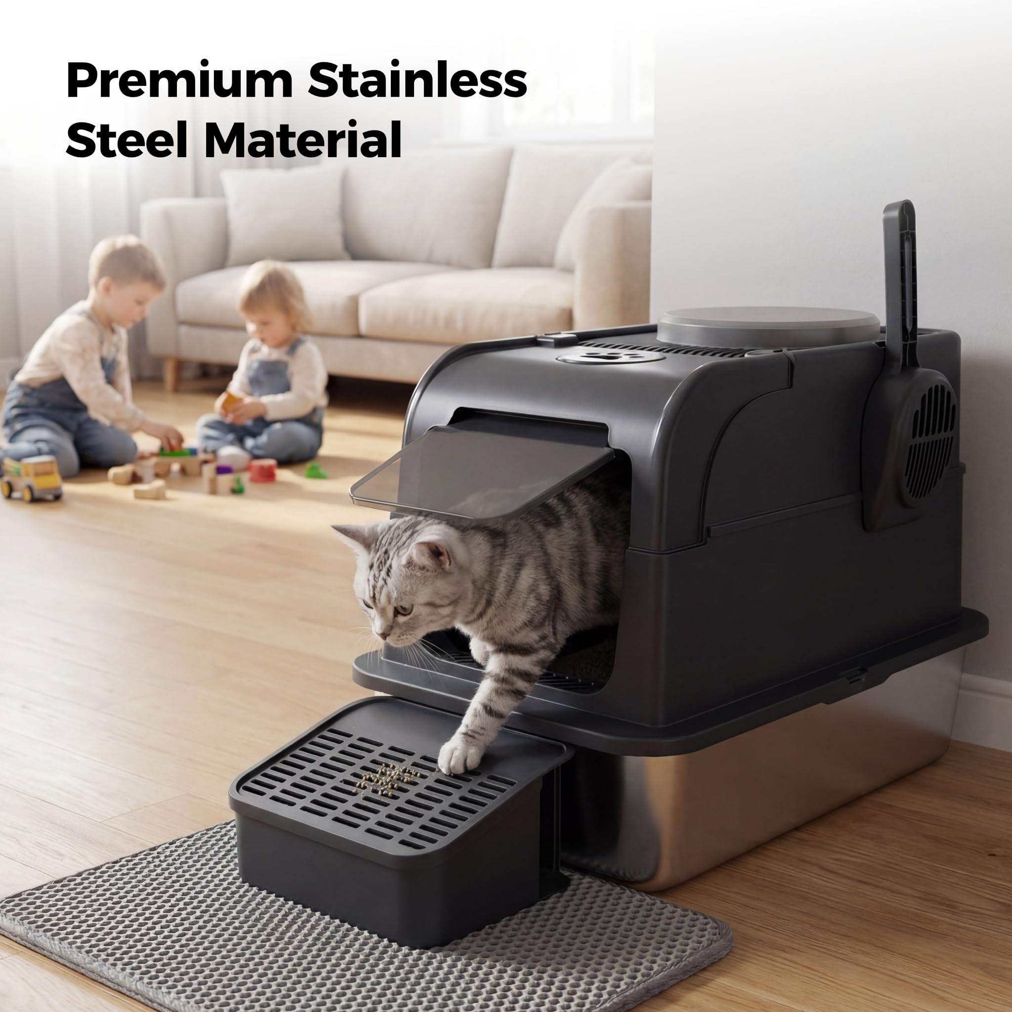 Caja de Arena para Gatos de Acero Inoxidable con Tapa | Bandeja de Arena Cerrada XXL | Sin Olor | Antiadherente | Entrada Frontal y Superior de Doble Puerta | Paso de Pedal de Filtro | Cuchara |