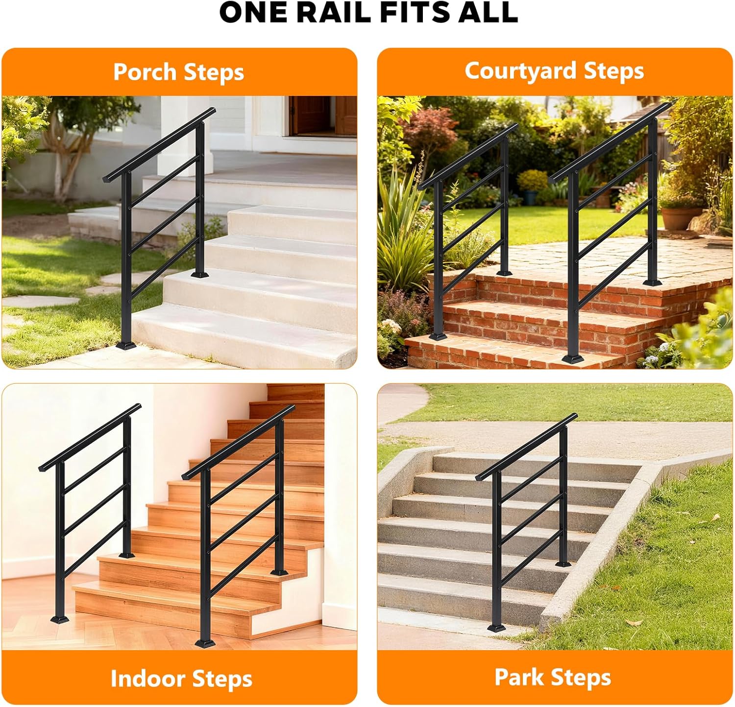 VINGLI Stair Handrails for Outdoor Steps, Wrought Iron Hand Rails, Deck Railing for Concrete/Porch/Wooden Steps (1Pcs, Black, 1-3 Steps)