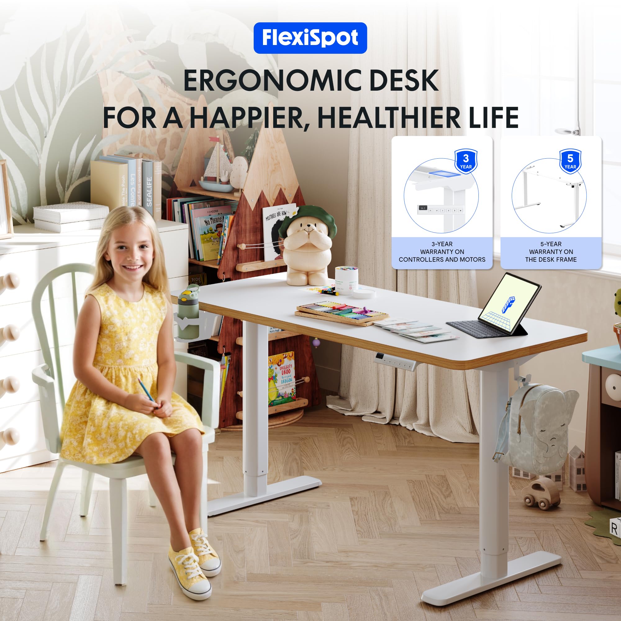 FLEXISPOT Kinderschreibtisch elektrisch höhenverstellbar mit LED-Höhenanzeige 3 Speicherplätzen Kindersicherung 110 x 52 cm
