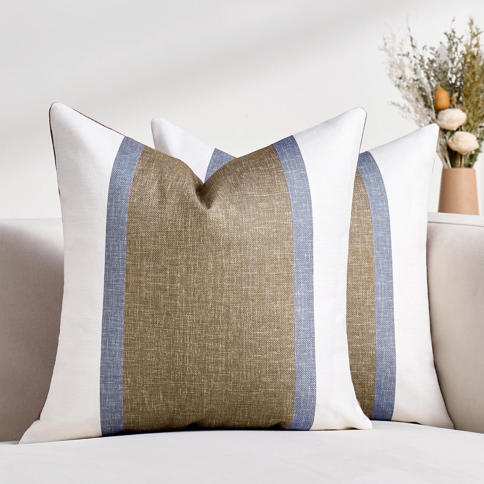 Funda Cojines 40x40 cm para Sofá Funda de Almohada de Algodón y Lino Súper Suave Cojin de Rayas Decoración Moderna para Sofá Marrón y Beige Fundas Decorativas para Sofá Cama Silla Sala de Estar Hogar