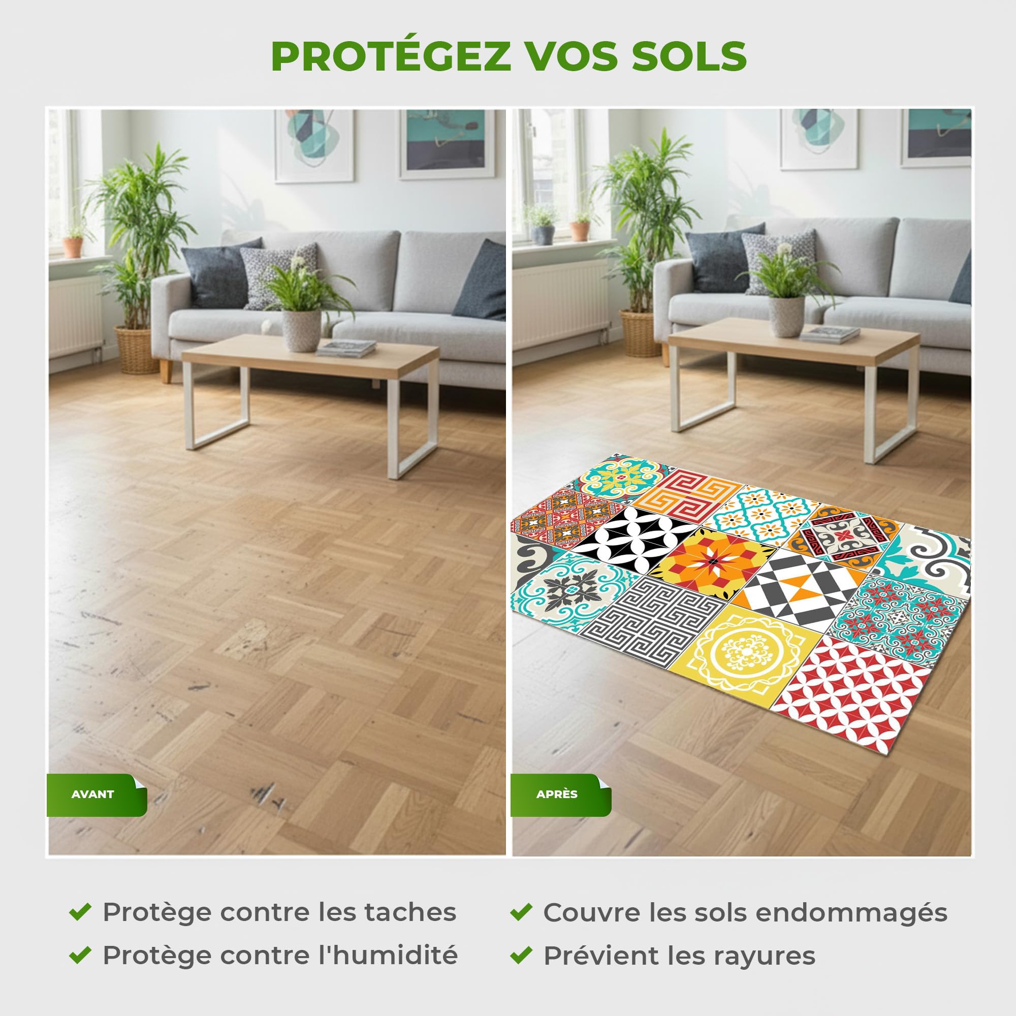 Tapis Vinyle pour le sol en PVC - Antidérapant - Protection pour le Sol - Inspiration Carreaux de Ciment - Lavable à la main - Epaisseur 2,2 mm - 60 cm x 100 cm - Tapis de sol Multicolore