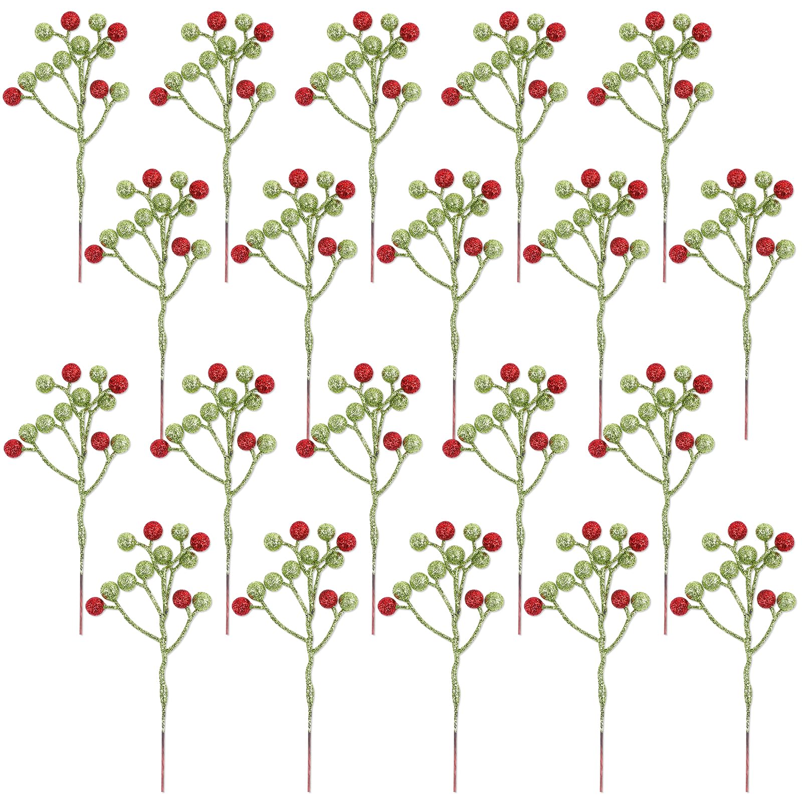 Fangoo 20 Pack 7 Inch Artificial Green Red Berry Picks for Christmas Tree Burgundy Green Red Berries Stems Holly Berry Branches Ornaments Wreath Crafts Wedding Holiday Season Winter Home Decor