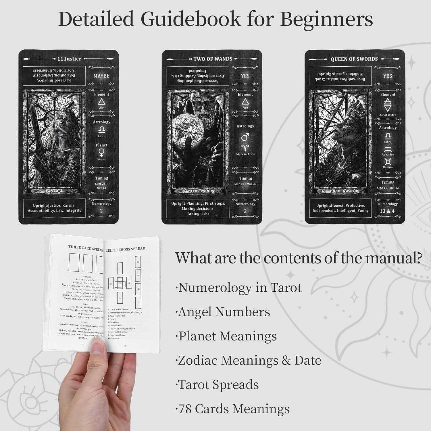Black Stained Glass Tarot Cards for Beginners with Meanings on Them 400GSM Unique Thickness Gilded Learning Tarot Deck Set with Guide Book and Golden Edge on 78 Cards - Image 6