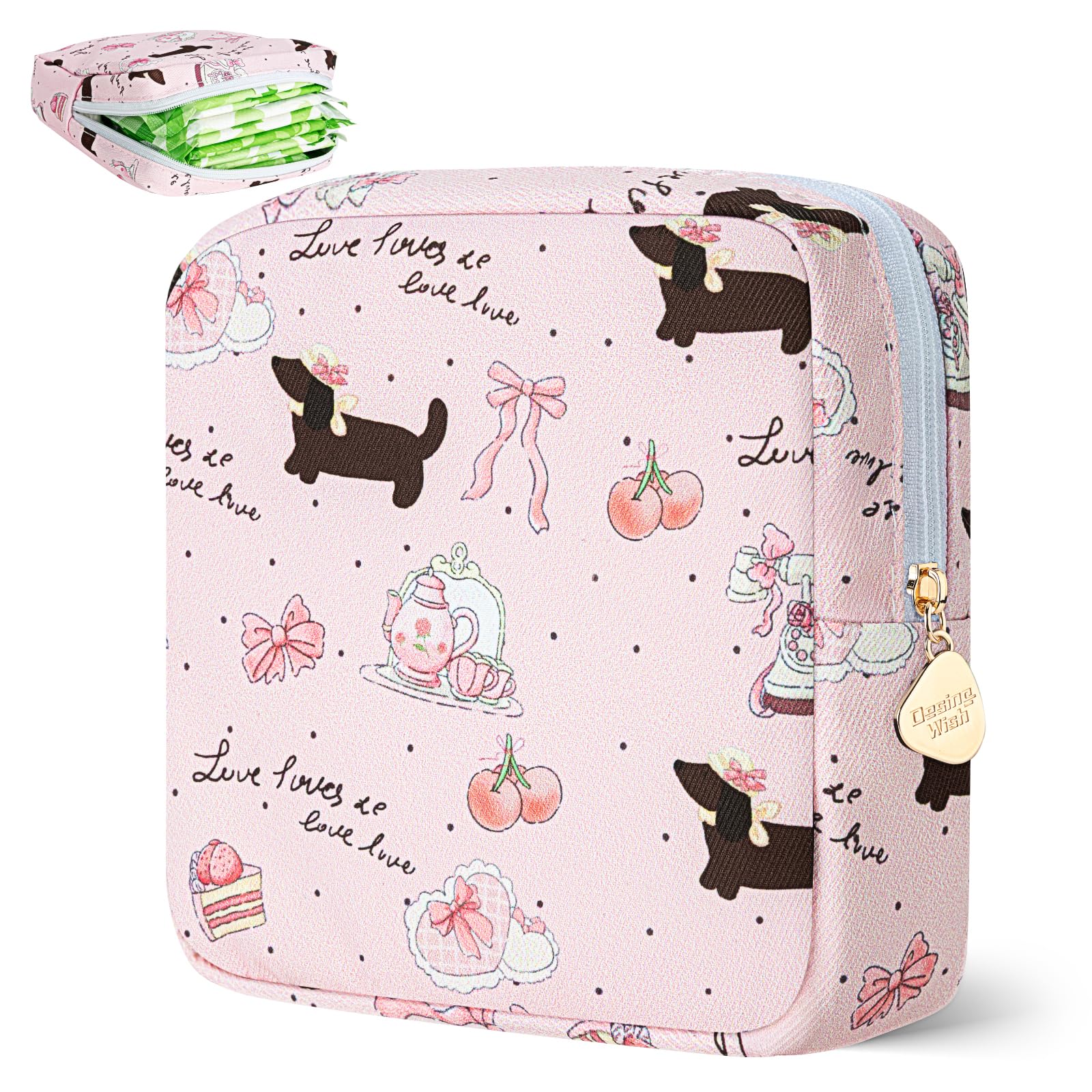 Sanitary Pad Storage Bag Portable Period Bag for Teen Pads/Sanitary Napkins/Small Tampons, Sanitary Napkin Storage Bag First Period Gifts for Teen Girls (Bowknot Dachshund)