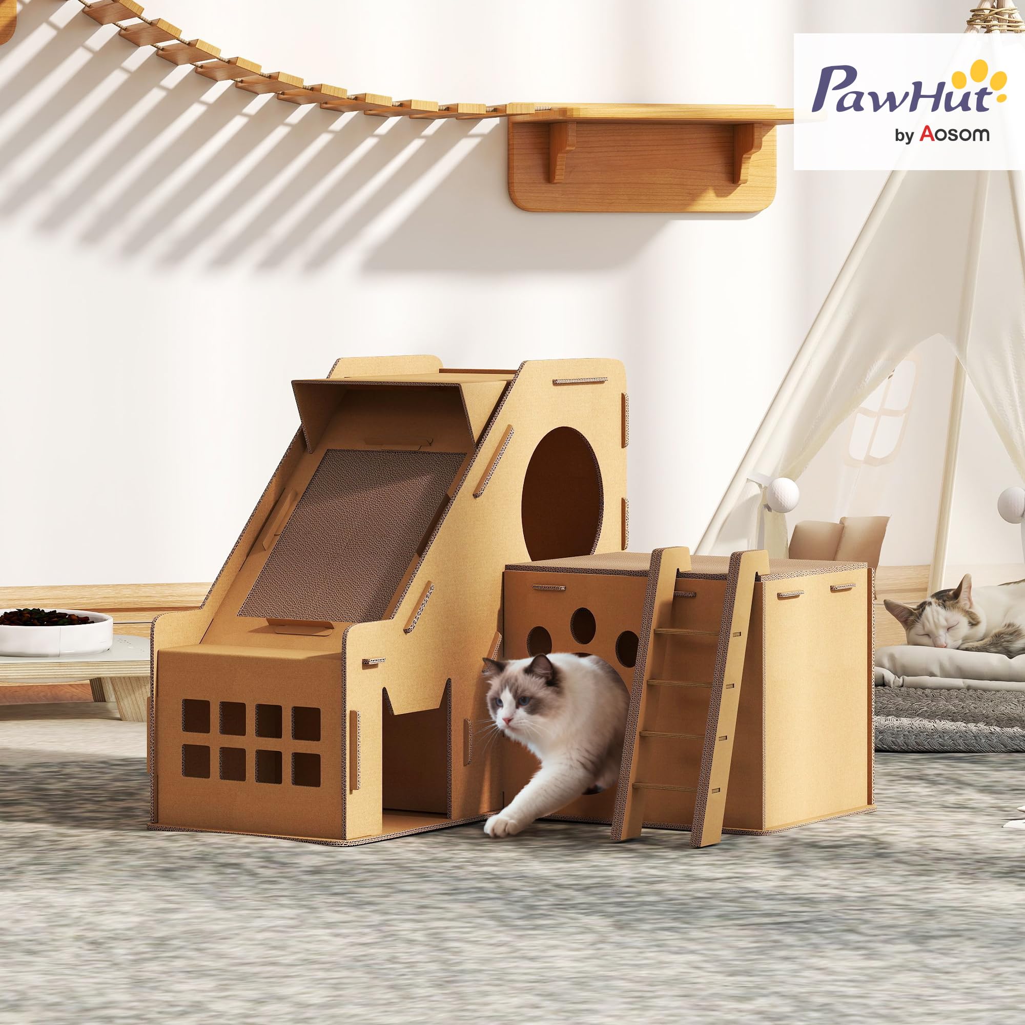 PawHut Gatto in cartone 2 in 1, tiragraffi per gatti con 2 aree di graffiatura, erba gatta, rampa e scaletta, per interni, 67x66x57 cm, marrone