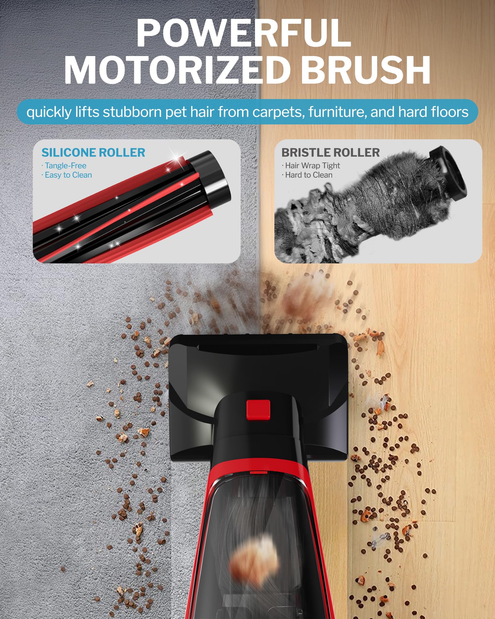 Pet Hair Handheld Vacuum Cordless, Car Vacuum Rechargeable with Reusable Filters, Motorized Brush and Multi-Accessories for Carpet, Couch & Stairs, Red, 17.0"X 4.6"X 6.6" - image 3