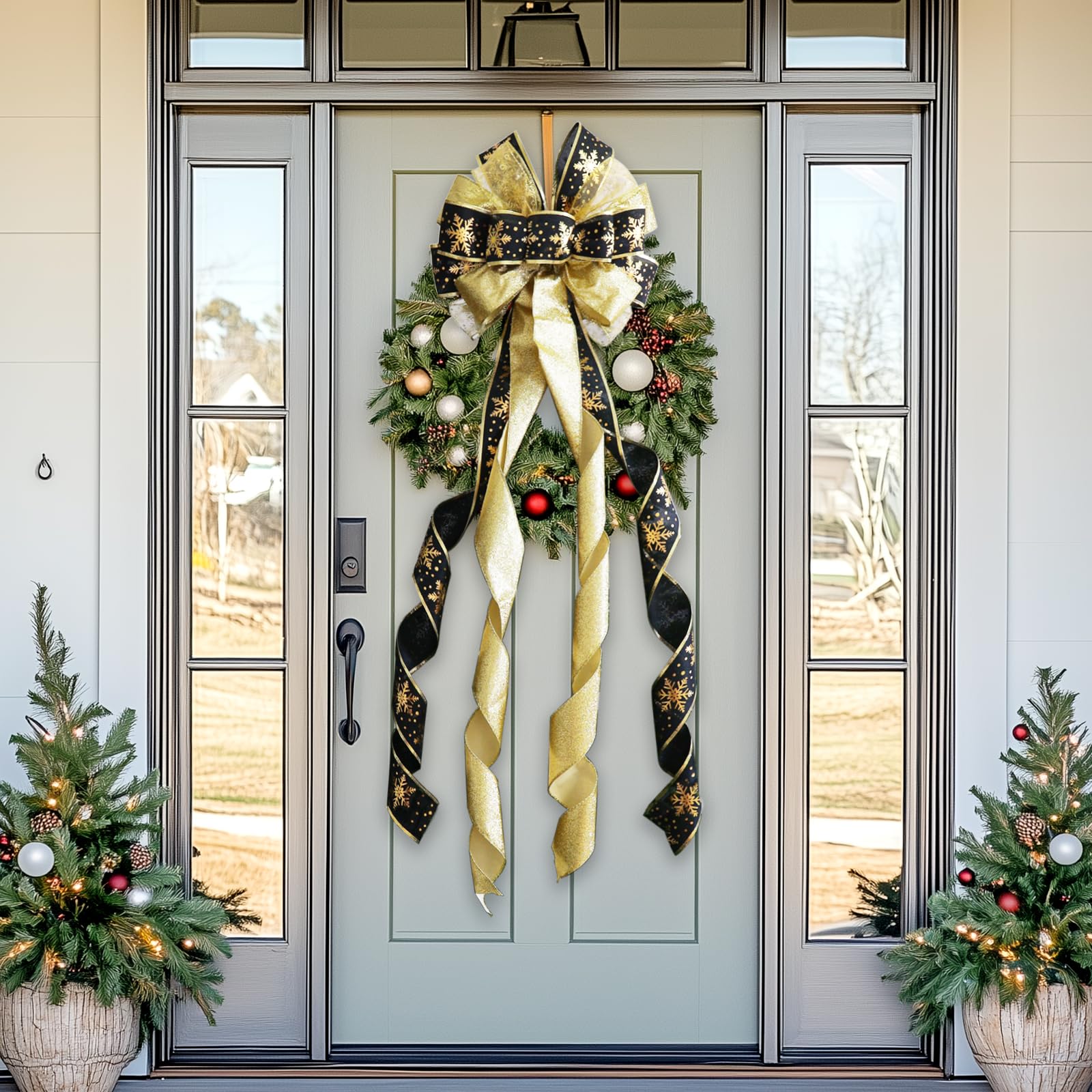 Lazo grande para decoración de árbol de Navidad de 52 x 13 pulgadas, lazos de corona de cinta con alambre preatados, adornos de Navidad con borde largo con alambre para vacaciones, Acción de Gracias,