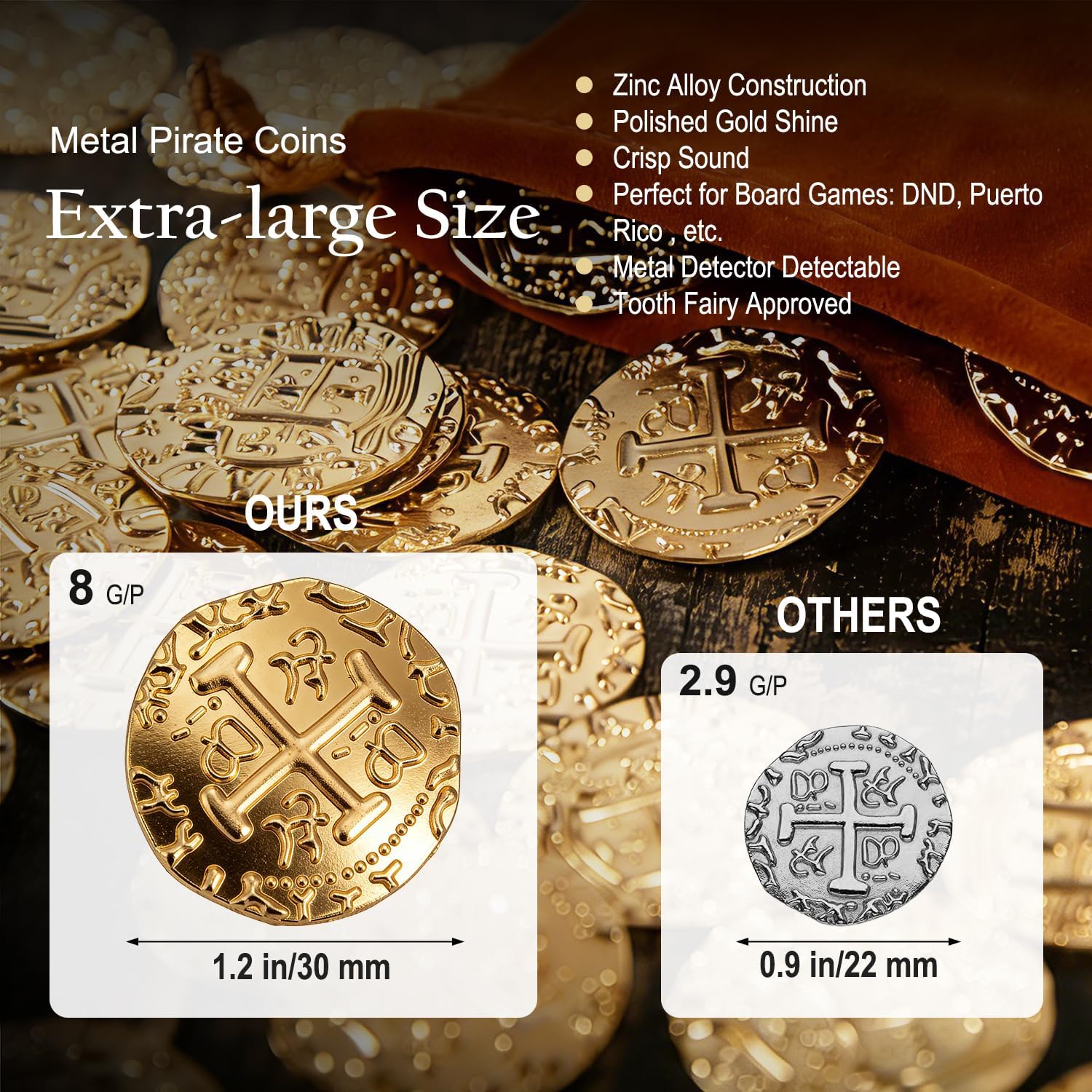 100 Metal Pirate Coins Gold, Gold Treasure Coin Set, Metal Replica Spanish Doubloons for Board Games Tokens, Kids Cosplay Pirate Party Treasure Chest Coin (1.18'')