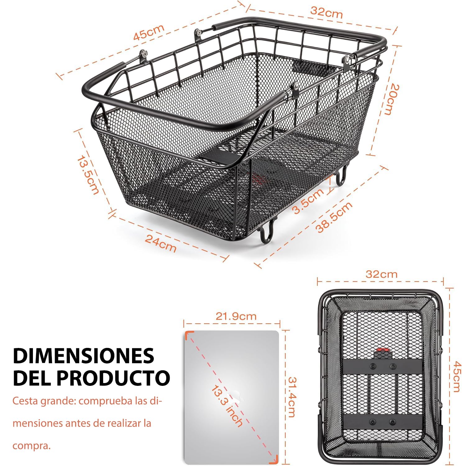 CXWXC Cesta Trasera para Bicicleta con asa: Cesta Trasera de Bicicleta Desmontable rápida con Red de Equipaje y Cubierta Impermeable, Cesta de Alambre Grande para la Parte Trasera de la Bicicleta