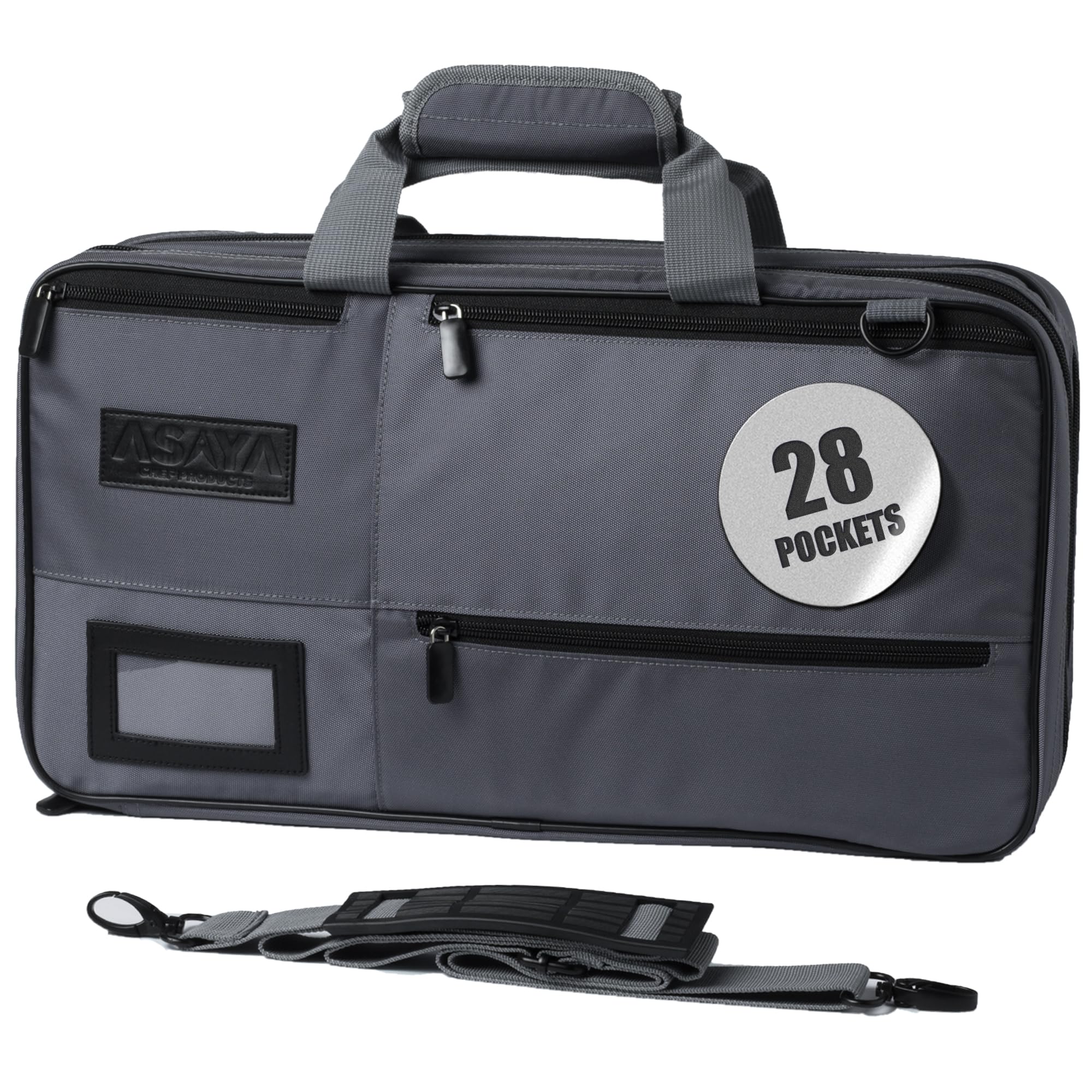 Asaya Chef Knife Bag - 28 Pockets for Knives and Kitchen Utensils - Durable Ballistic Nylon, Black Stainless Steel Hardware, Card Holder and Adjustable Shoulder Strap - Knifes not Included