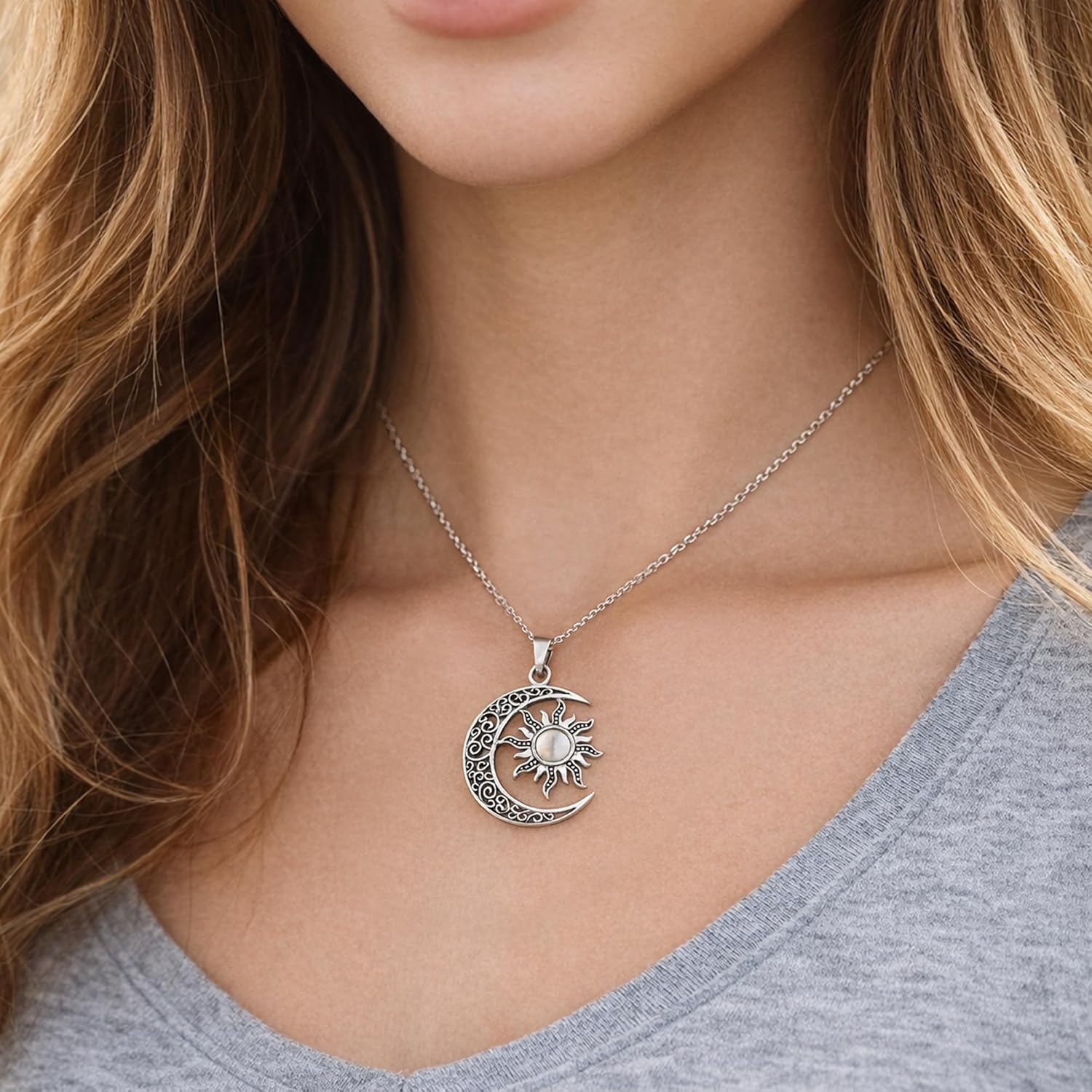 AeraVida Celtic Crescent Moon and Sun Eclipse .925 Sterling Silver Pendant Necklace | Symbolic Celestial Jewelry Gift | Shiny Oxidized Nature-Inspired Design for Women - Image 2