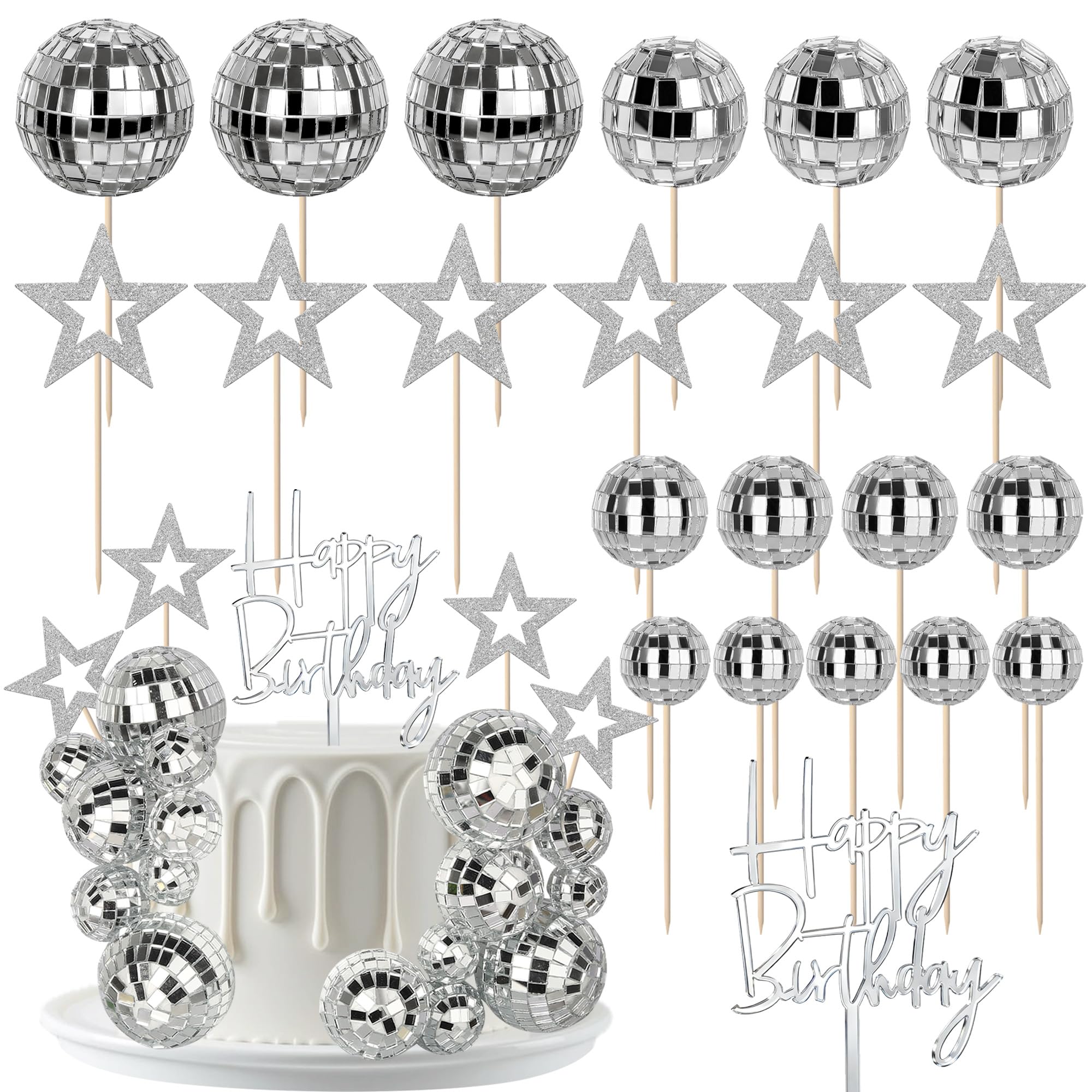 Xsstarmi Disco Party Cake Decorations with Disco Ball Cake Topper Decorations for 70's Theme Birthday Anniversary Party DIY Cake Decorations Supplies