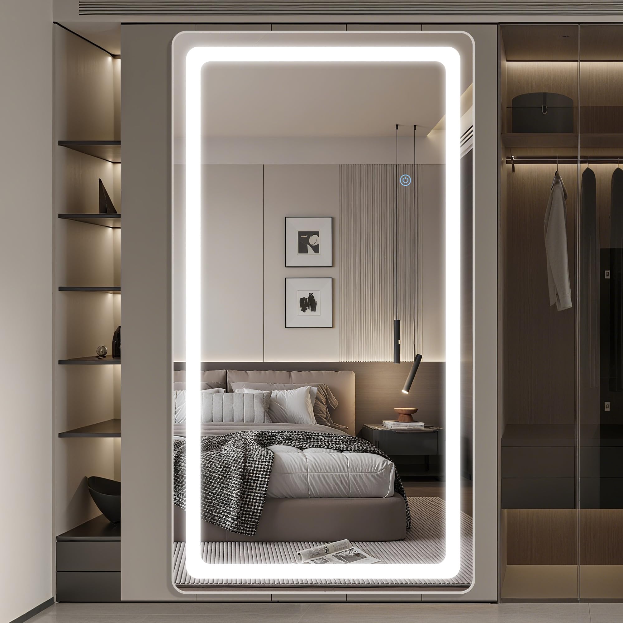 Antok LED Full Length Mirror with Light, 71"x28" Lighted Full Body Mirror with Stand, Dimmable & 3 Color Lighting Standing/Leaning/Wall Mounted Vanity Mirror for Bedroom Cloakroom Livingroom(Rect): 82"L x 44"W Rect Style White