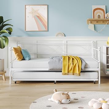 IDEALHOUSE Twin daybed with Trundle, Metal Twin Daybed and Trundle Set, Day Bed Sofa Bed Frame with Steel Slat Support, Multifunctional Daybed Frame for Bedroom (Modern - White)