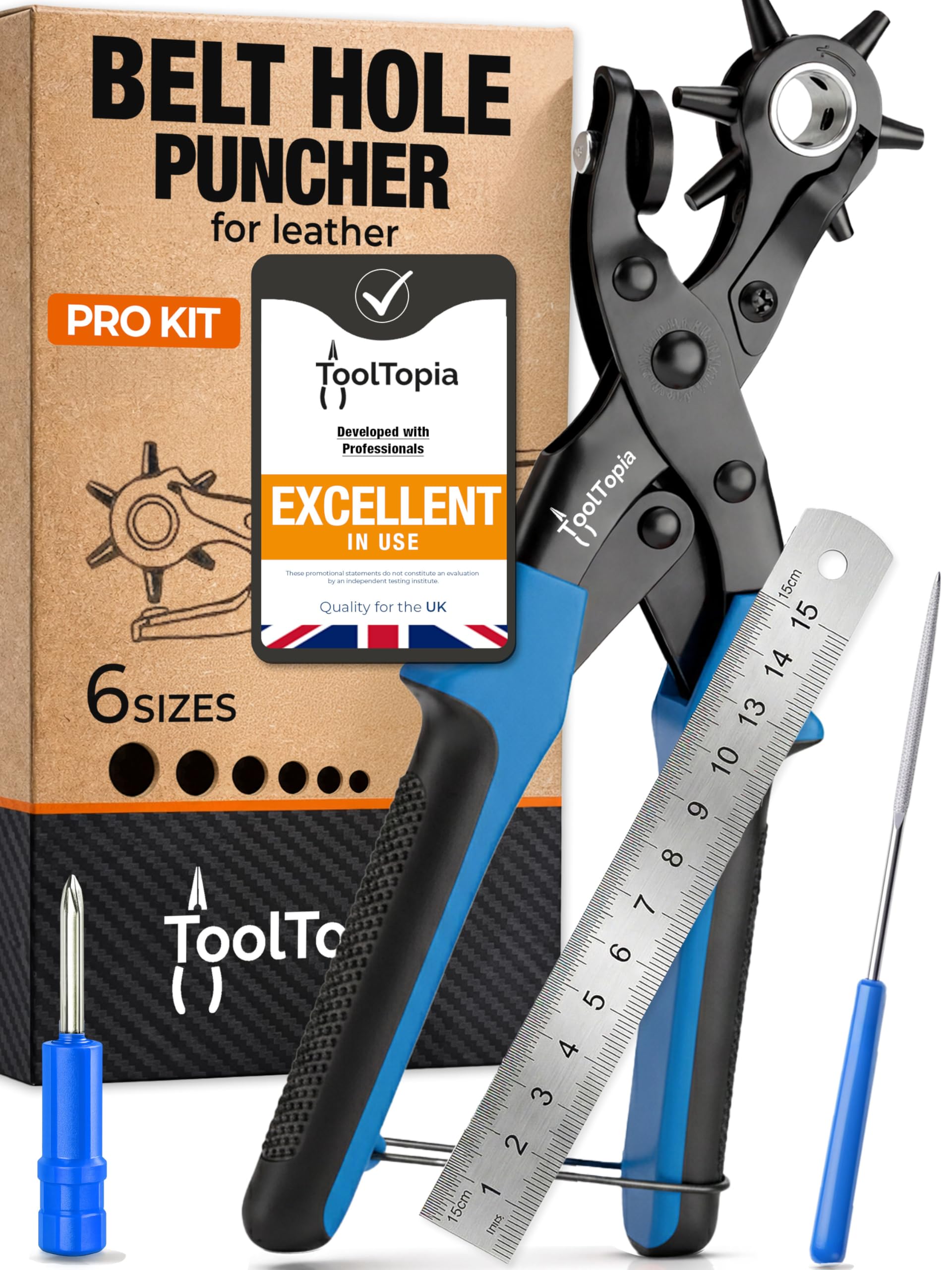 ToolTopia Belt Hole Puncher for Leather – Heavy Duty Rotary Hole Puncher with 6 Sizes, Comfort Lever, Leather Belt Hole Punch for Belts, Watches, Shoes, Fabric and PVC - Blue
