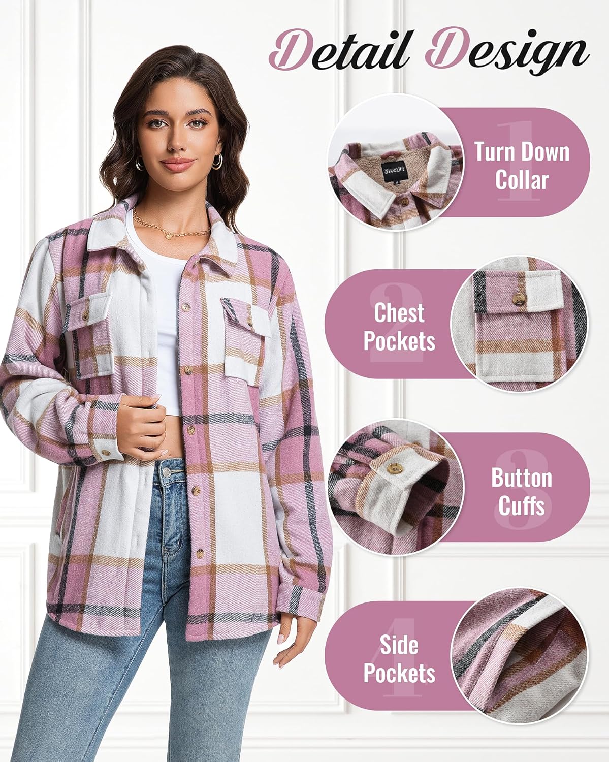 Elesuit Women's Sherpa Lined Flannel Shirt Jacket Plaid Button Down Jacket Coat for Women with Pocket - Image 6