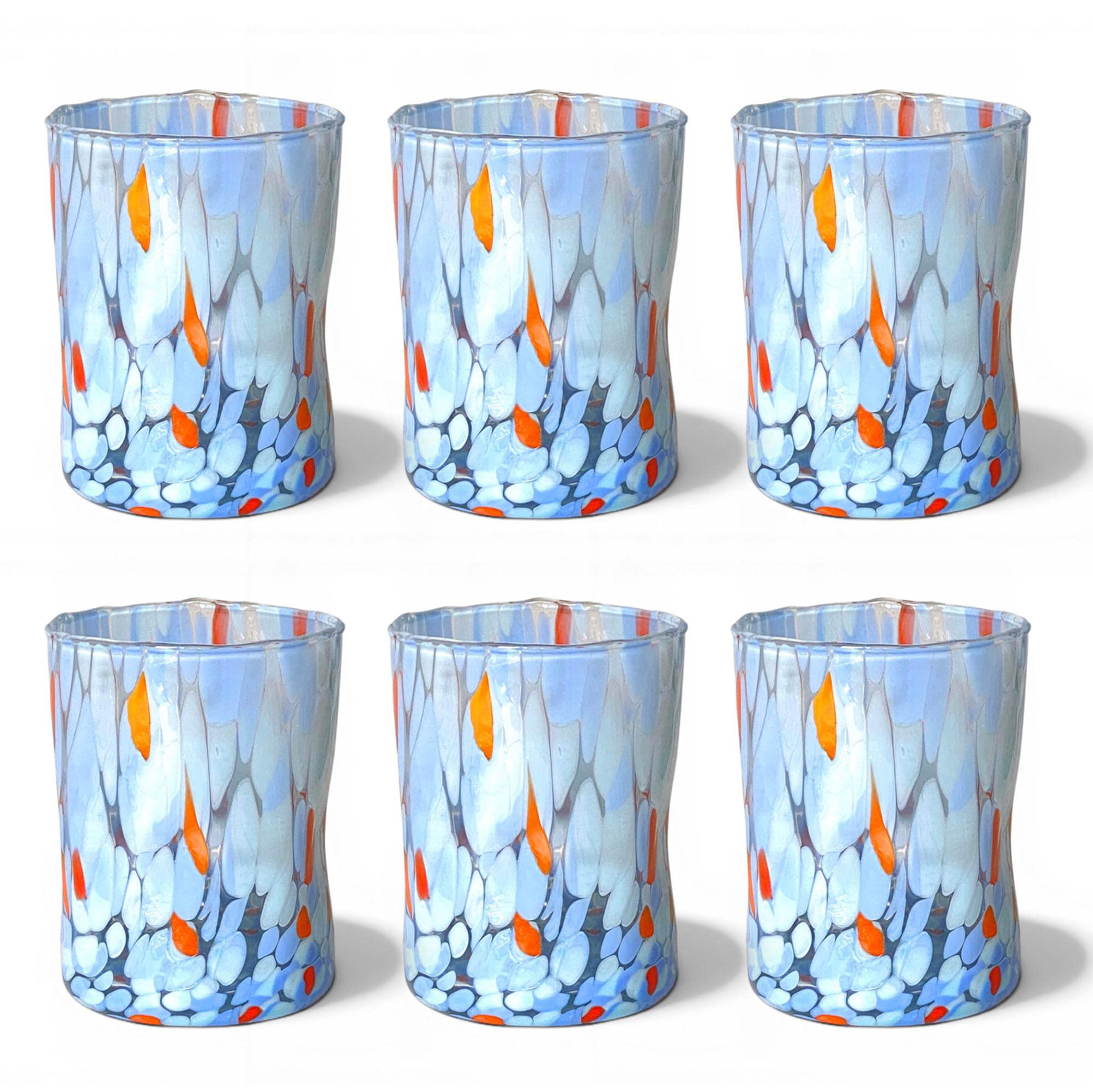 MAZZEGA ART & DESIGN - 6 Verres en Verre Soufflé à la Main, Fabriqués à la Main avec des Granules de Murano Colorés, pour Eau et Boissons Fraîches, 395 ml, 12 cm de haut. Livraison Droits Payés