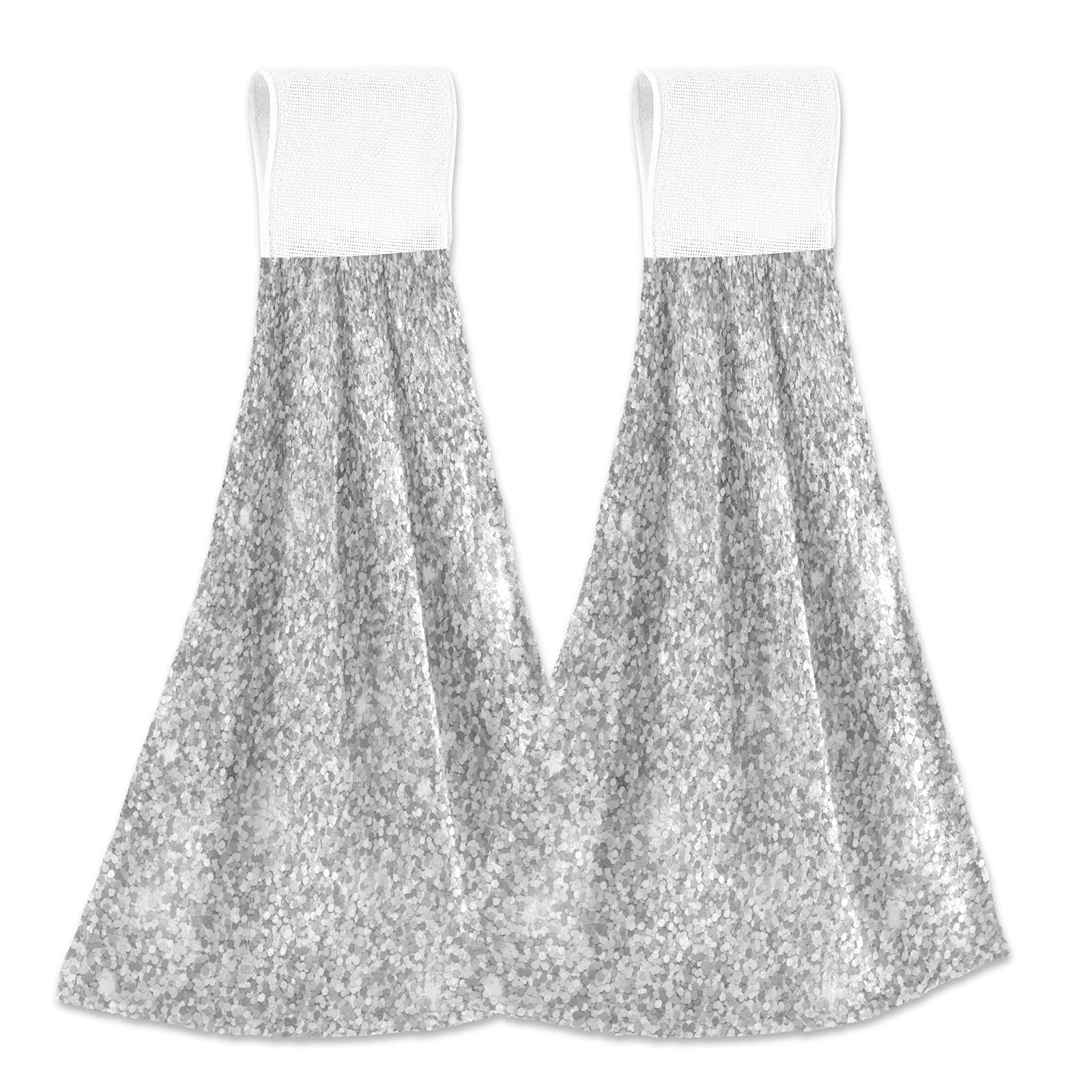 Poeticcity Multi 14 Silvere White Shiny Glittering Background Yellow Holiday Tinsel 2 Pcs Hanging Kitchen Hand Towel, Dish Dishcloth Towels With Hanging Loop, Absorbent Tea Bar Bath Tie Towel For Tabletop Kitchen