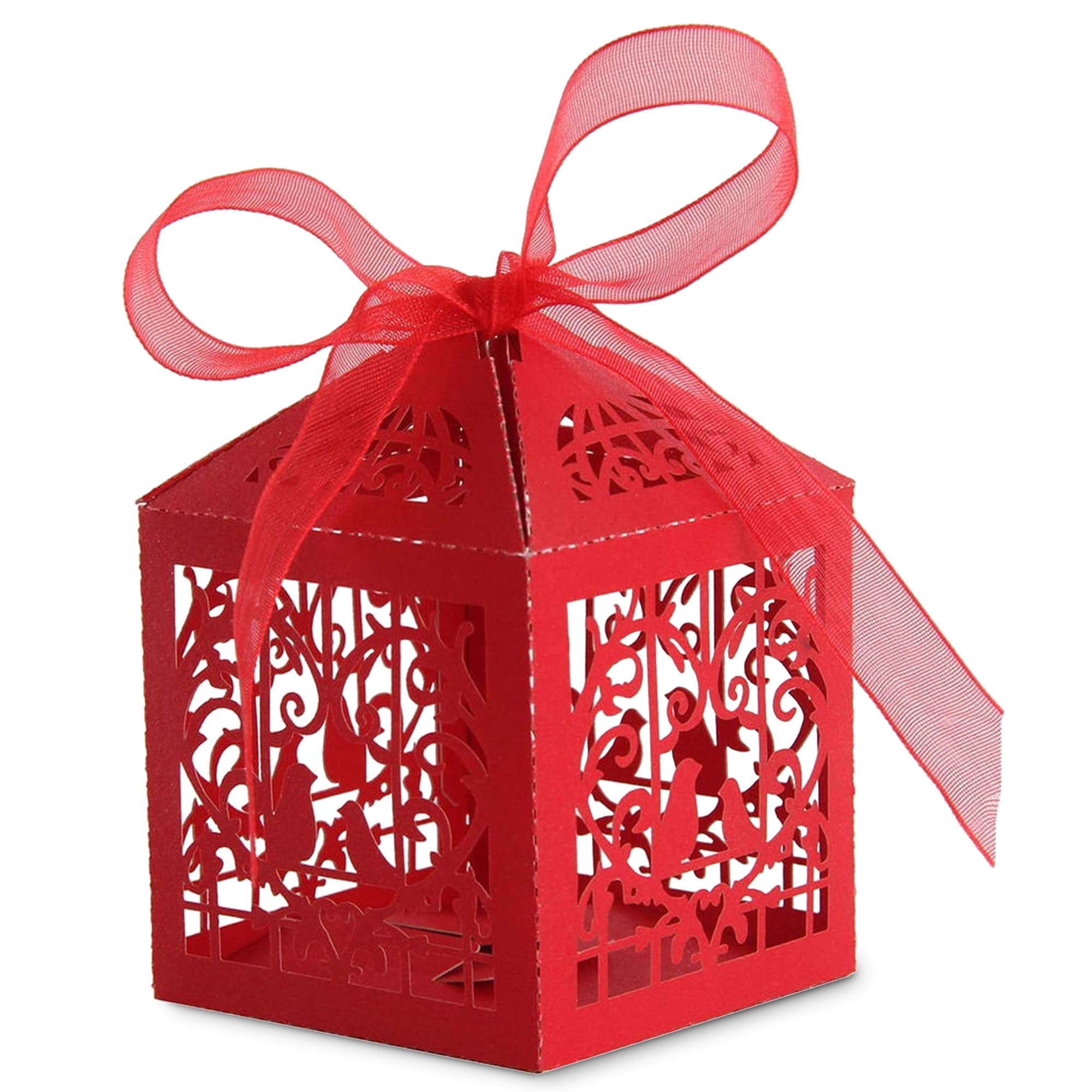 Weddecor Small Favour Boxes Laser Cut Design Candy Chocolates Silver Box with Red Ribbon for Weddings, Birthdays, Baby Shower, Parties Decoration, 5cm x 5cm, 100pcs