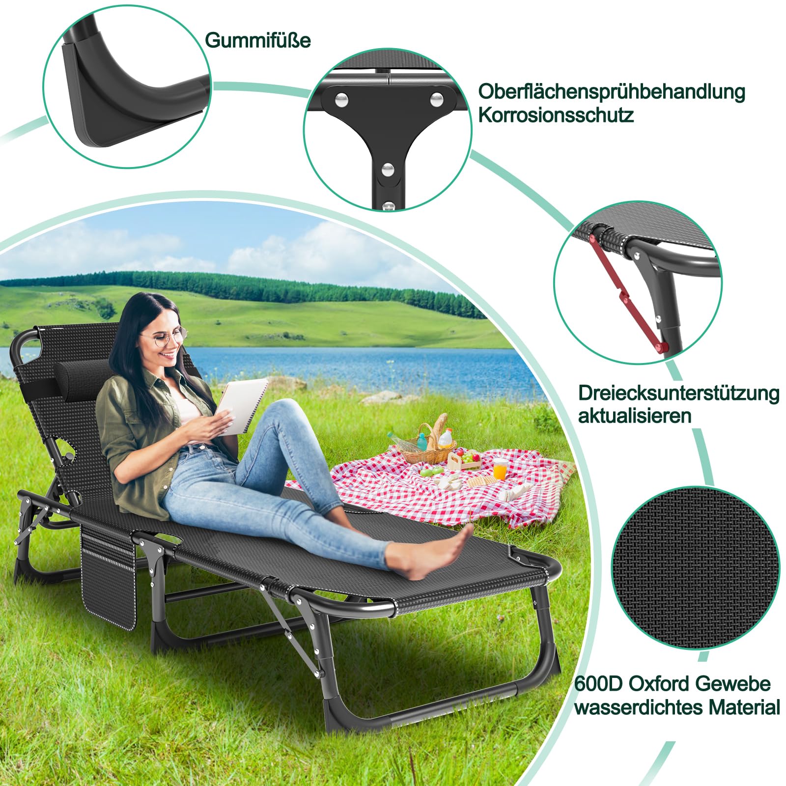 Sonnenliege Klappbar Gartenliege Liegestuhl 200KG Belastbarkeit mit Matratze, verstellbare Rückenlehne Relaxliege für Balkon und Garten, Kann als Gästebett und Campingbett