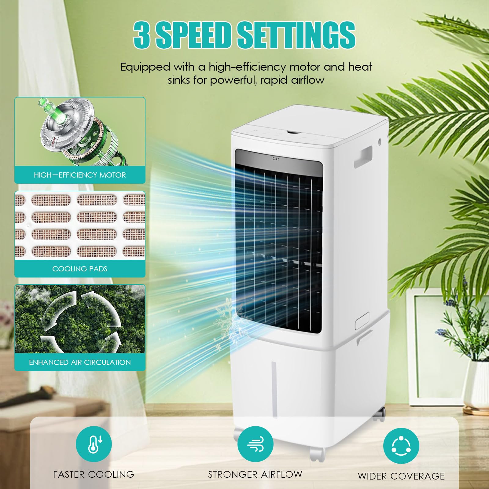 Climatizador Evaporativo 4 en 1 Bajo Consumo, 12L Portátil Sin Tubo 3 Velocidades, 6 Bloques de Hielo, Temporizador 12H, 75W Enfriador de Aire para Casa y Oficina
