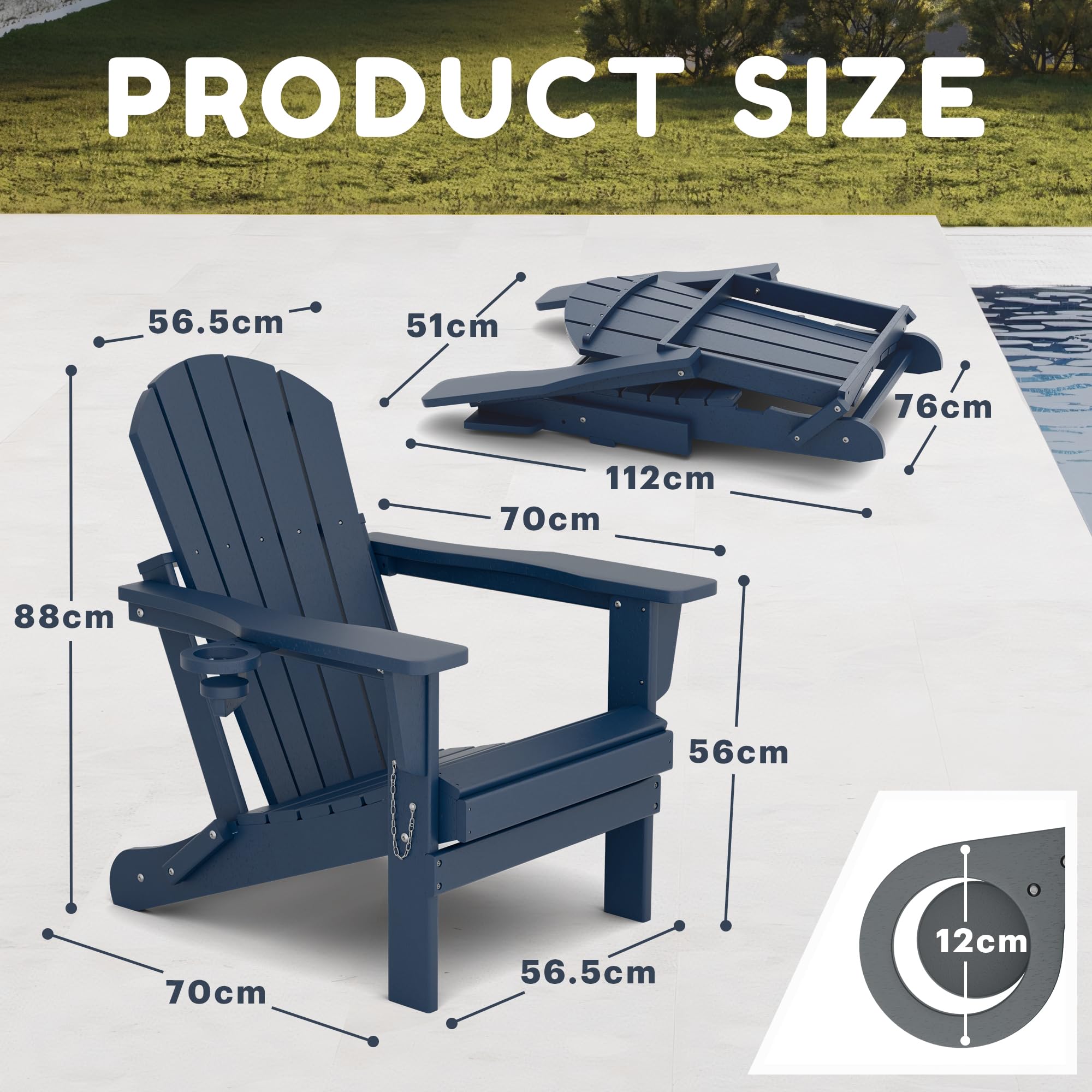 Sillas Adirondack, silla Adirondack plegable de polietileno de alta densidad para todo tipo de clima con portavasos para jardín, terraza, patio trasero y patio (azul)