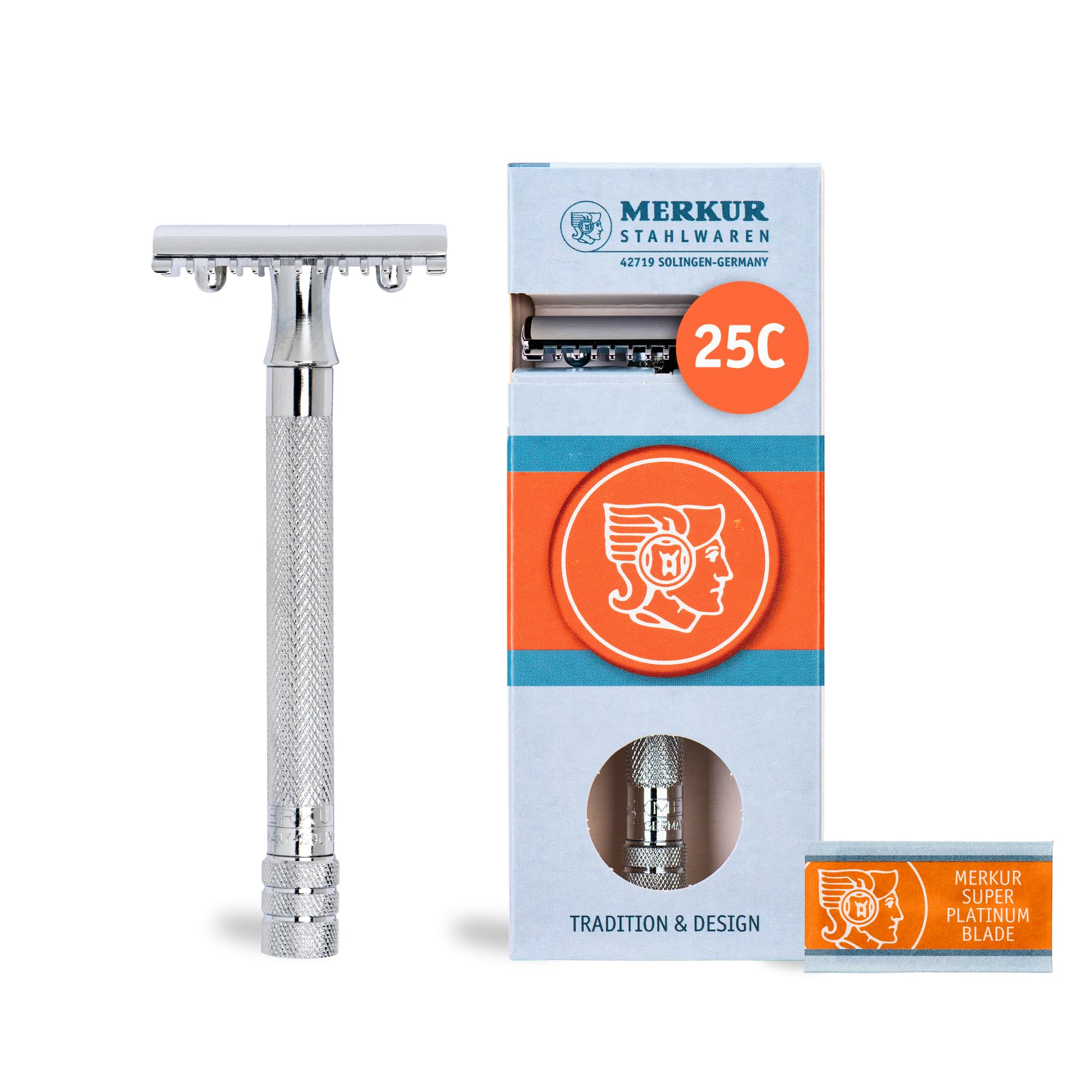 MERKUR Maquinilla de afeitar 25C | Clásica con peine de dientes cromado brillante | Maquinilla de afeitar de tres piezas con corte recto | Peine abierto | Ideal para el afeitado en húmedo | Zinc