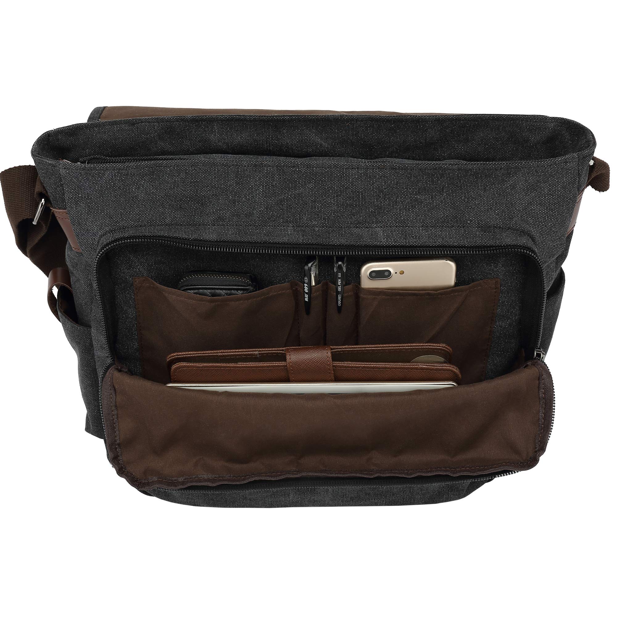 CALIYO Umhängetaschen Herren aus Canvas Schultasche Queformat A4 Laptoptasche für 15,6 Zoll Laptop Arbeitstasche Aktentasche