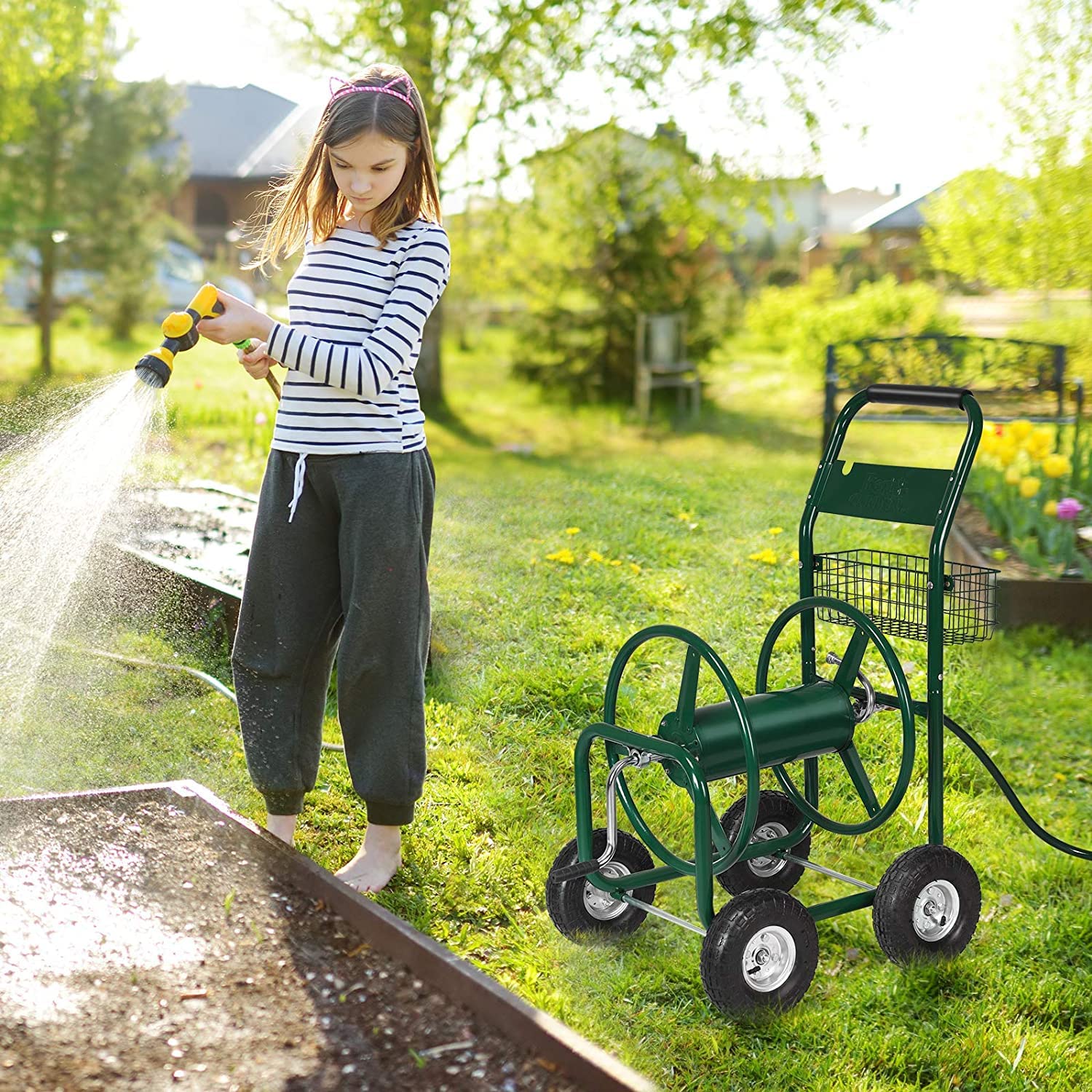 RELAX4LIFE Chariot Dévitoir d’Arrosage Mobile, Enrouleuer Tuyaux en Métal avec Roues et Panier, Système Robuste d’Irrigation et de Jardinage, Idéal pour Arrosage des Plantes et Nettoyage de Véhicule