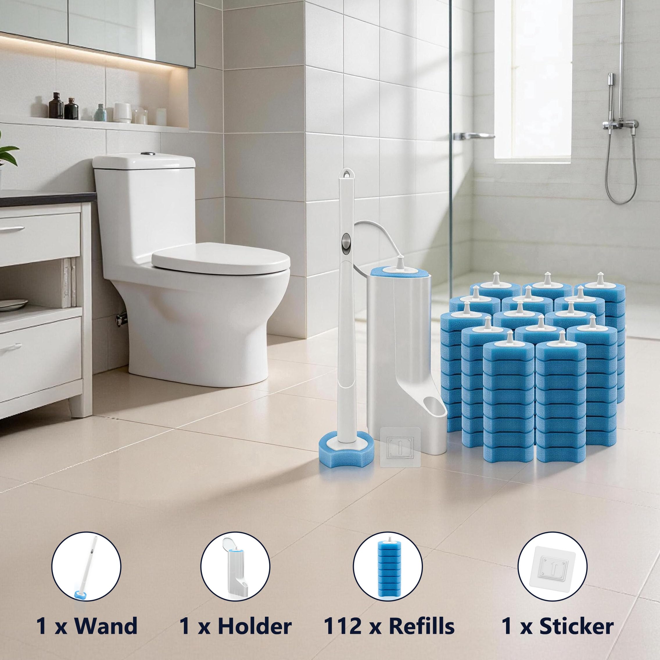 Escobilla de Inodoro desechable con 112 recambios, Varita y Soporte para Inodoro, Cepillo de Limpieza de Inodoro Blanco, Kit de Varita de Inodoro montado en la Pared, Repuesto de Cepillo de Inodoro