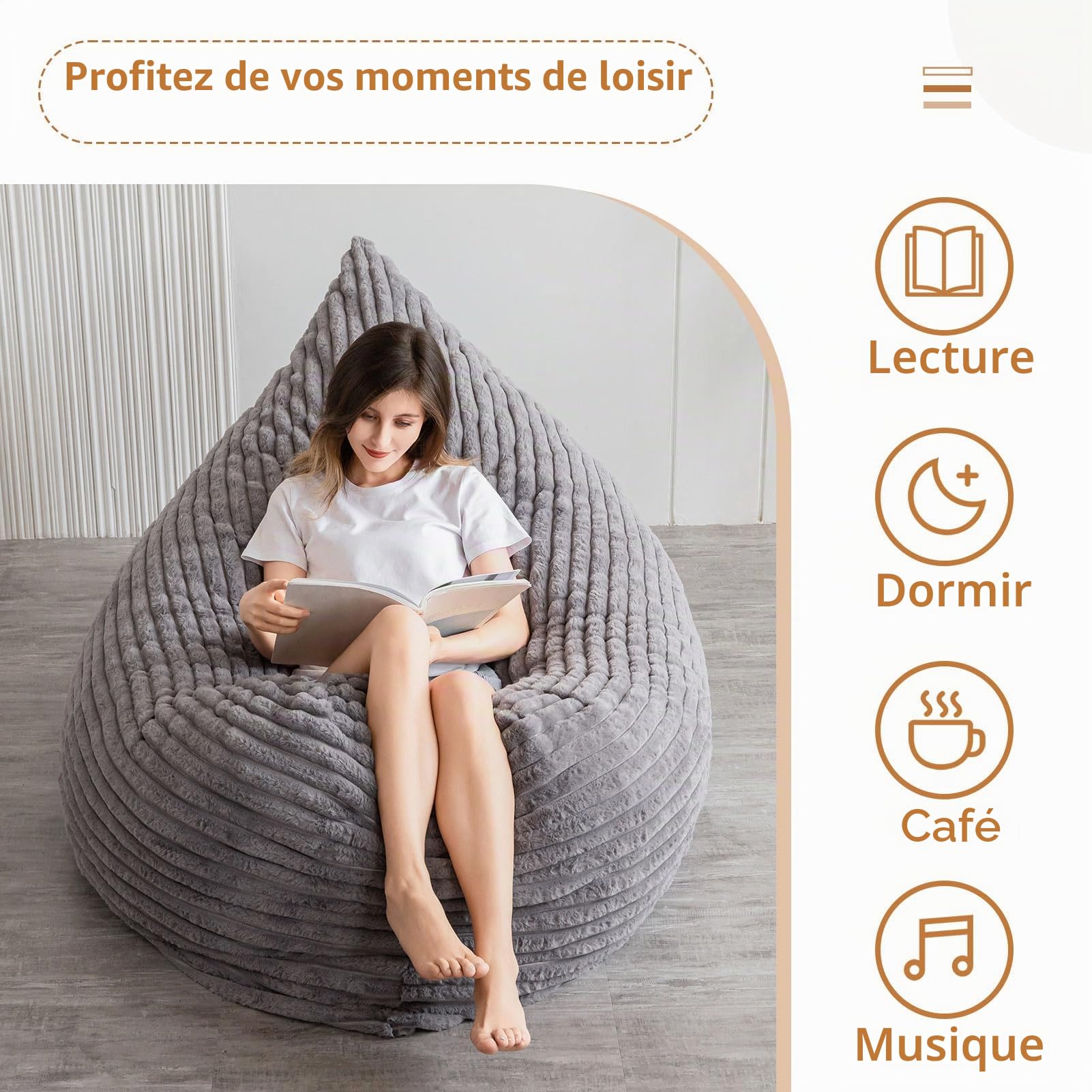 MAXYOYO Énorme lit-pouf, chaise-pouf carrée, grand canapé avec revêtement en fausse fourrure et rembourrage duveteux pour adultes, couples, invités (Cord-Gris, 135x190 cm)