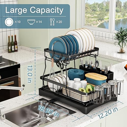 Miniatura 2 de Escurridor de platos, escurridor de platos para encimera de cocina, escurridor de platos de acero inoxidable con soporte adicional para esponja para