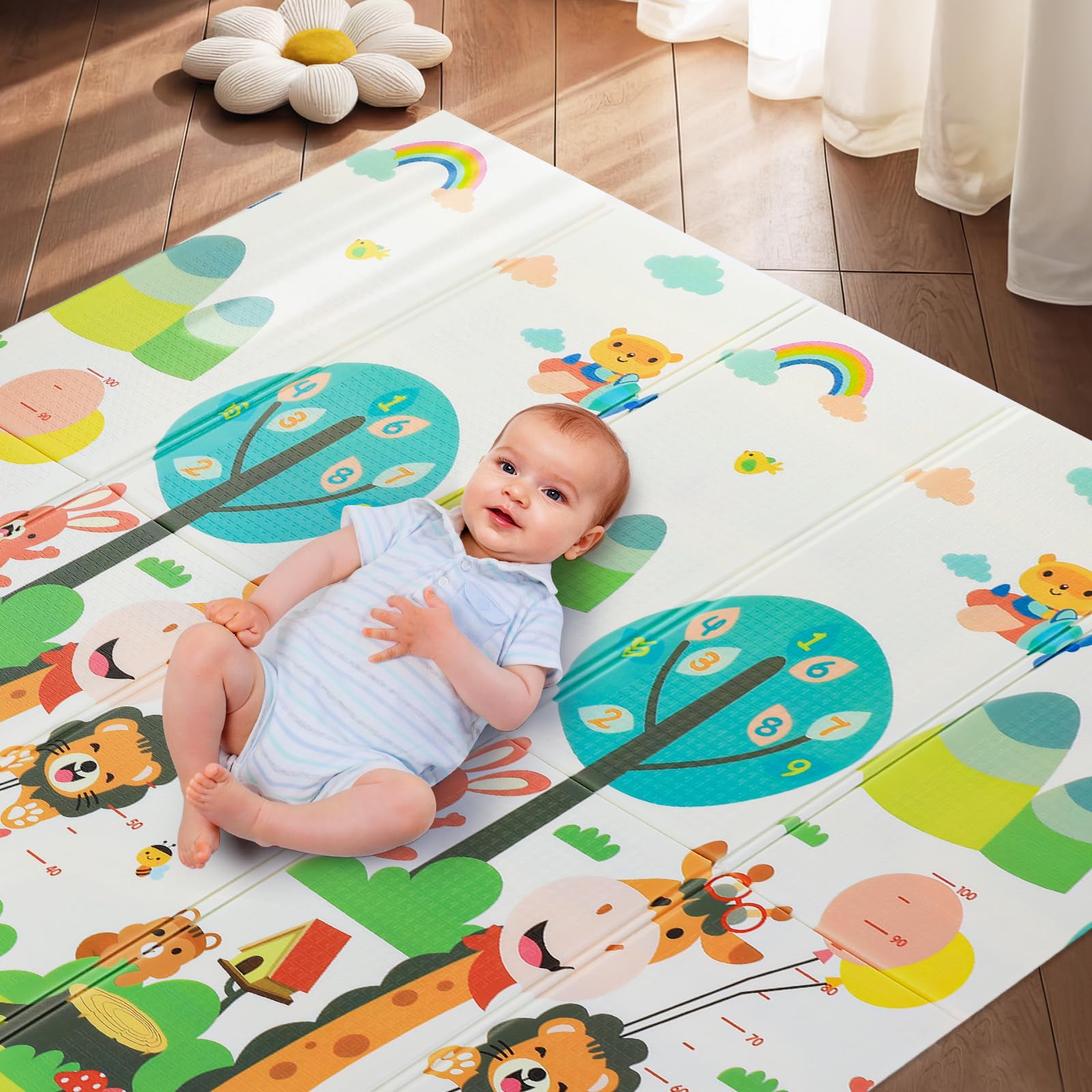 Tappetino da Gioco per Bambini, 200 x 180 cm x 1 cm, Tappeto Gioco Neonato, Tappeto Bambini Reversibile, Non Tossico, Fondo in Schiuma XPE, Pieghevole, Impermeabile, per Sviluppo Sensoriale, Giraffa