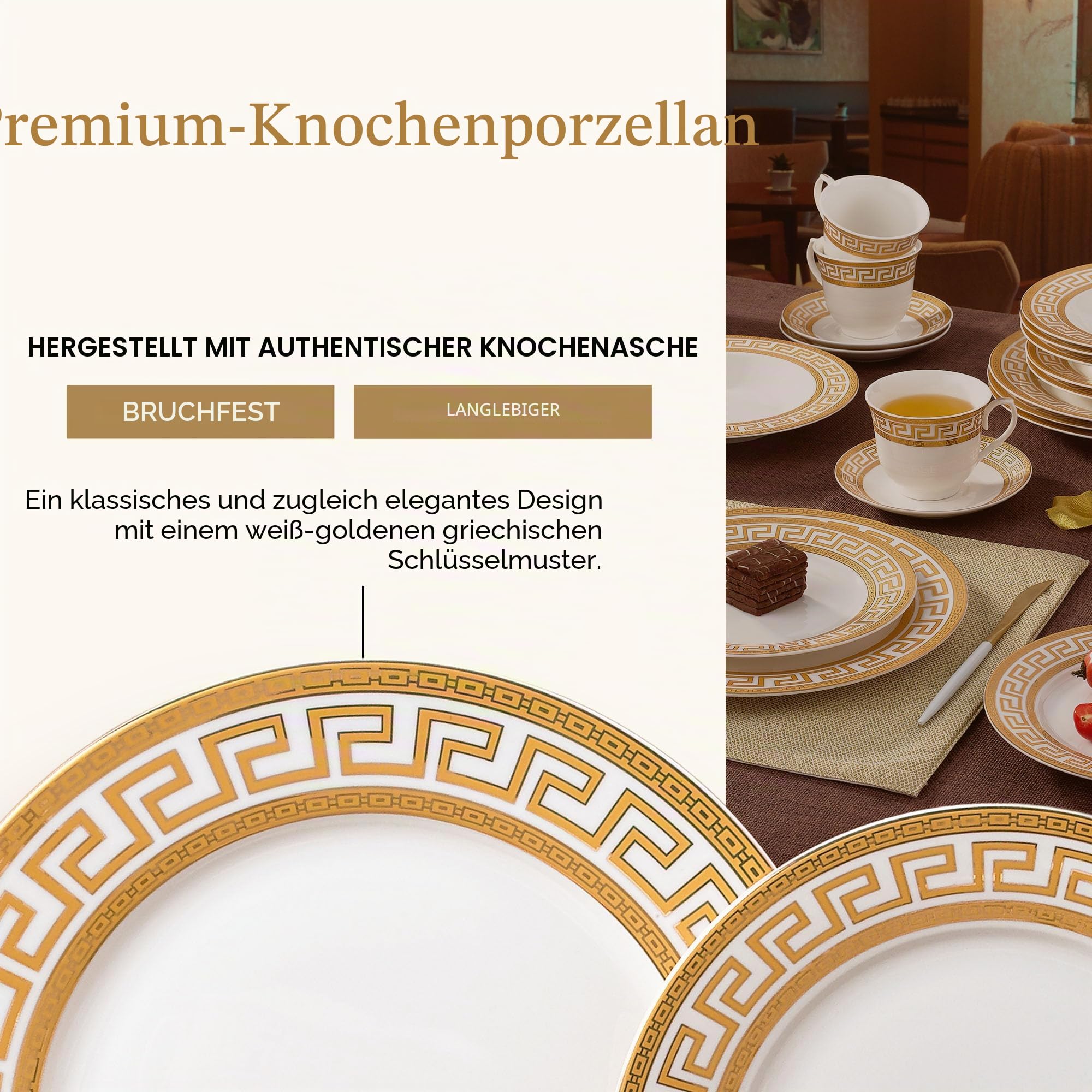 Joseph Sedgh Collection 20-teiliges Geschirrset aus Knochenporzellan, Service für 4 Personen, weißer und goldener griechischer Schlüssel