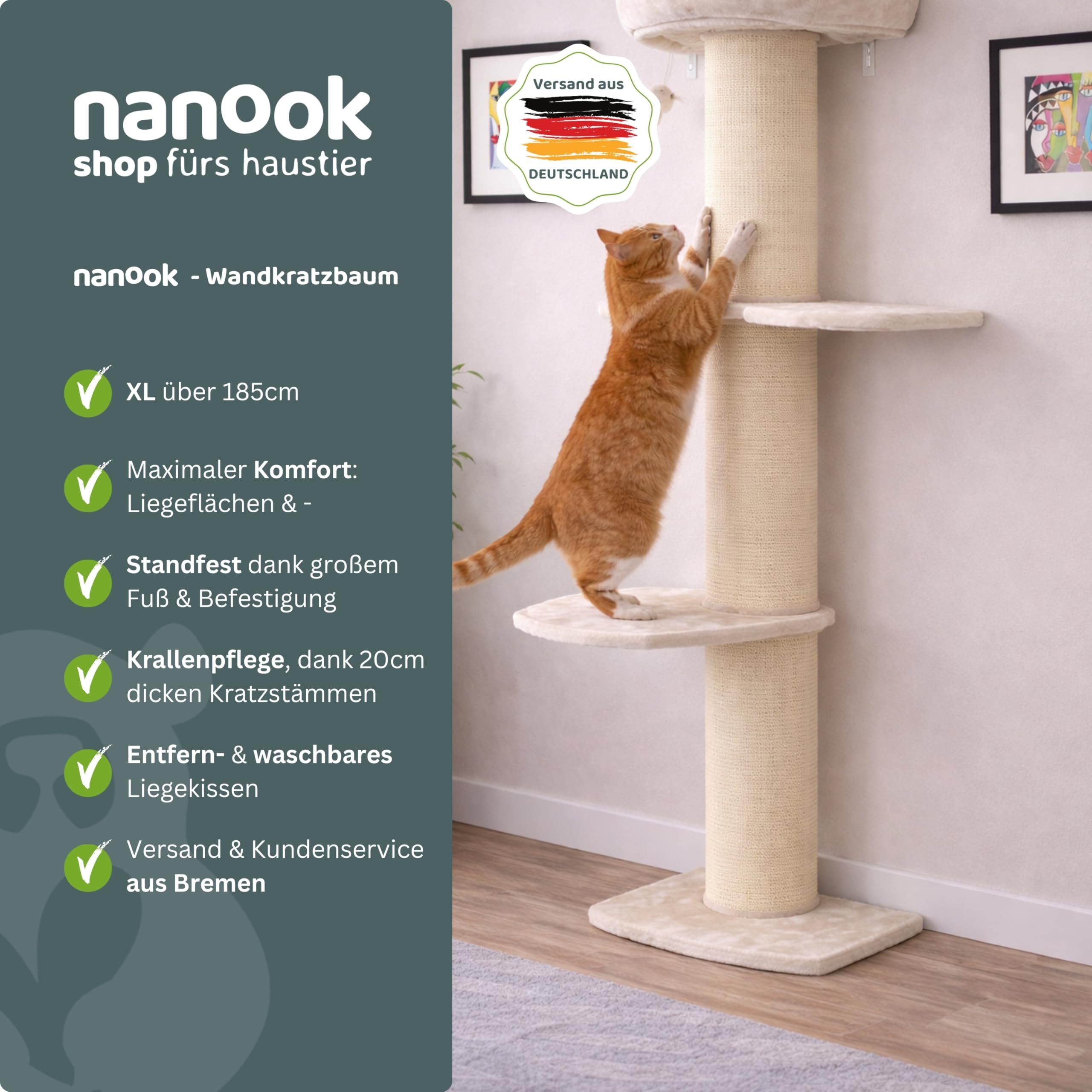 nanook Wandkratzbaum Kratzbaum Stella 186 cm - Katzenbett und Sisalsäulen - Wandmontage - beige