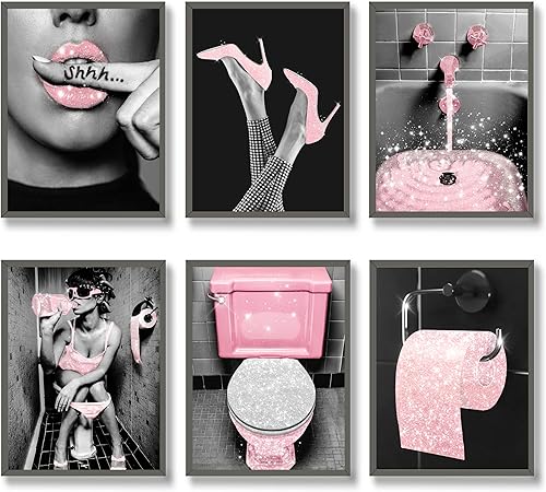 Luodroduo Juego de 6 impresiones artísticas de pared de moda para decoración de baño, cuadros de lona de seda con purpurina rosa glamorosa, fotos,