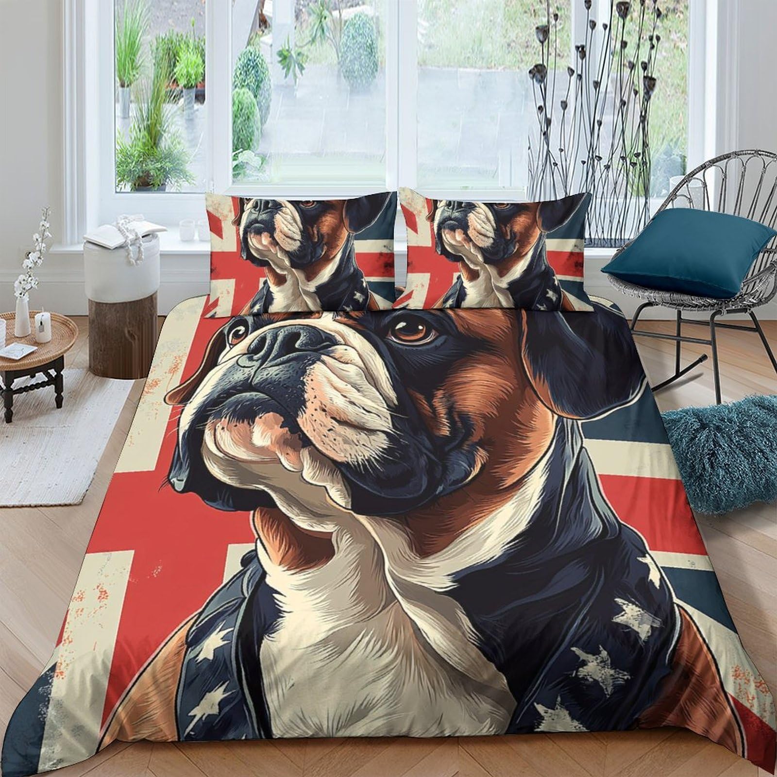 TUFRTGYHN 3D Printed Boxer Dog Duvet Cover Microfiber Soft Breathable Union Jack Bedding Set with 2 Pillowcases for Bedroom Decor Single（135x200cm）