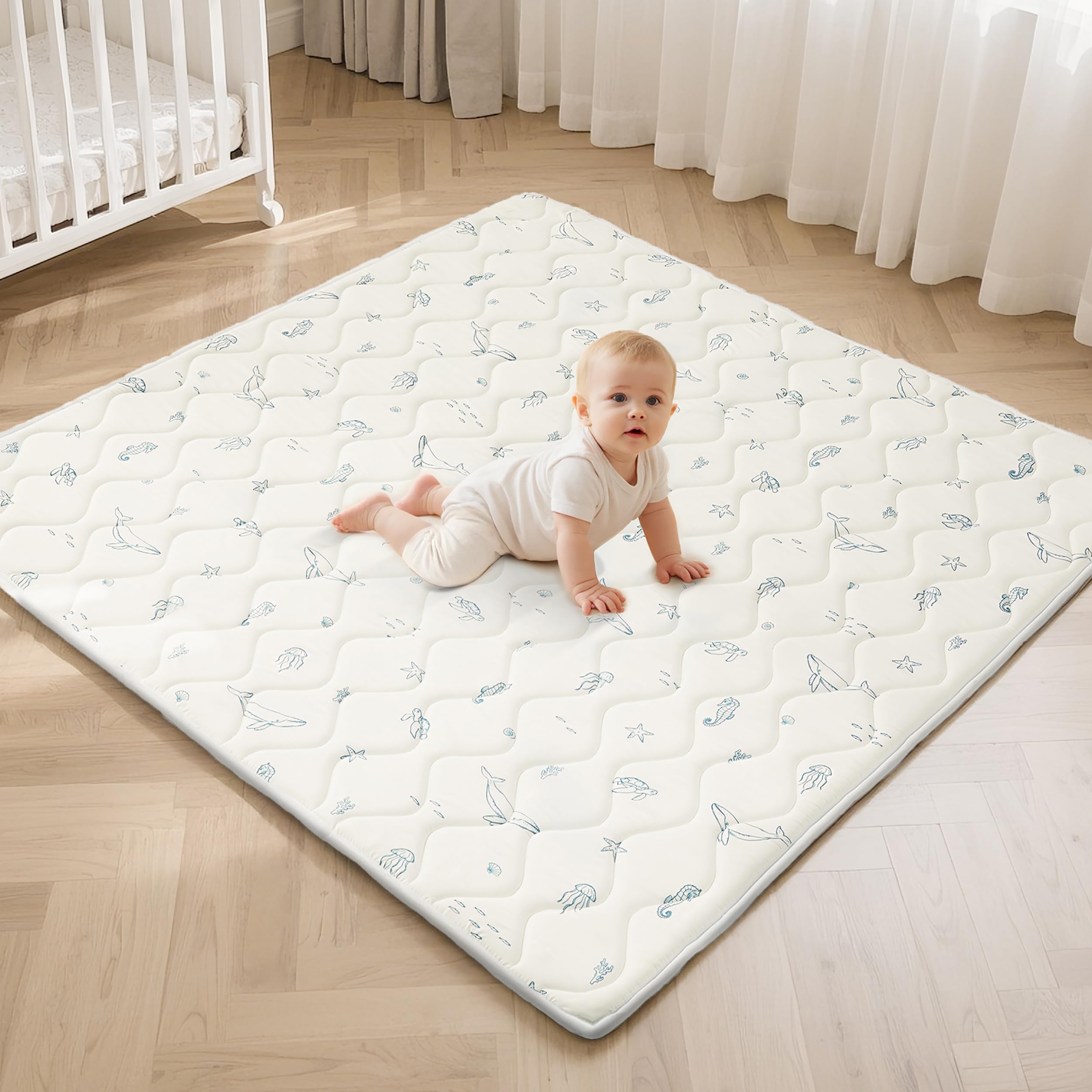Photo 1 of Fortella Extra Thick Baby Play Mat for 50" Playpen, 47"x47" Snug Fit Playpen Mat, Machine Washable Foam Play Mat for Floor - Portable, Non-Slip Tummy Time & Crawling Mat for Babies Toddlers (Ocean Ivory)