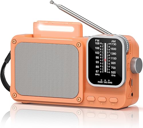 Goodes Radio portátil AM FM, radio transistor Bluetooth con luz LED, funciona con pilas, recepción fuerte, ranura para tarjeta TF, conector para