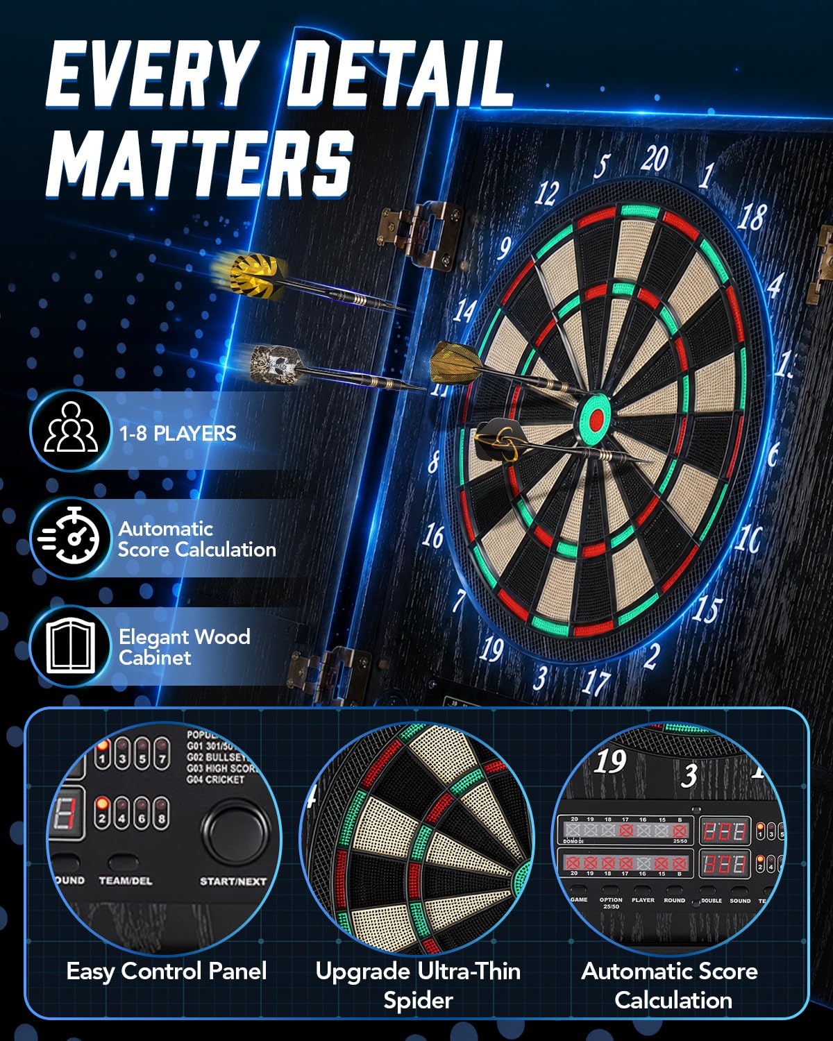 Jeu de Flechette Electronique avec Armoire en Bois Idéale pour La Famille | 25 jeux intégrés (Cricket, 301, 501), 1–8 joueurs, 50 pointes de rechange